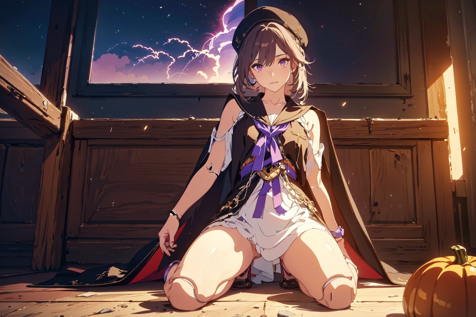 A Short Girl , Look at the sky, Angry Smile , Leg Long Light Brown Hair, Purple Eyes, Angry Expression, Black Sailor Cap, Doll Joint, Black Cape, White Dress ,Sitting on the ground, Sexy Split Leg Pose, Leg Visible, Lab Room, ((Best quality)), ((masterpiece)), 3D, HDR (High Dynamic Range),Ray Tracing, NVIDIA RTX, Super-Resolution, Unreal 5,Subsurface scattering, PBR Texturing, Post-processing, Anisotropic Filtering, Depth-of-field, Maximum clarity and sharpness, Multi-layered textures, Albedo and Specular maps, Surface shading, Accurate simulation of light-material interaction, Perfect proportions, Octane Render, Two-tone lighting, Wide aperture, Low ISO, White balance, Rule of thirds,8K RAW, Aura, masterpiece, best quality, Mysterious expression, magical effects like sparkles or energy, flowing robes or enchanting attire, mechanic creatures or mystical background, rim lighting, side lighting, cinematic light, ultra high res, 8k uhd, film grain, best shadow, delicate, RAW, light particles, detailed skin texture, detailed cloth texture, beautiful face, (masterpiece), best quality, expressive eyes, perfect face,nikkeredhood,hair over one eye,marian,Scarlet (nikke),hellsparadise style,fuyumi,ludmilla,yellow eyes,villetta_nu,black nightgown,bat ornament,halloweentech ,outfit-iris,aaherta