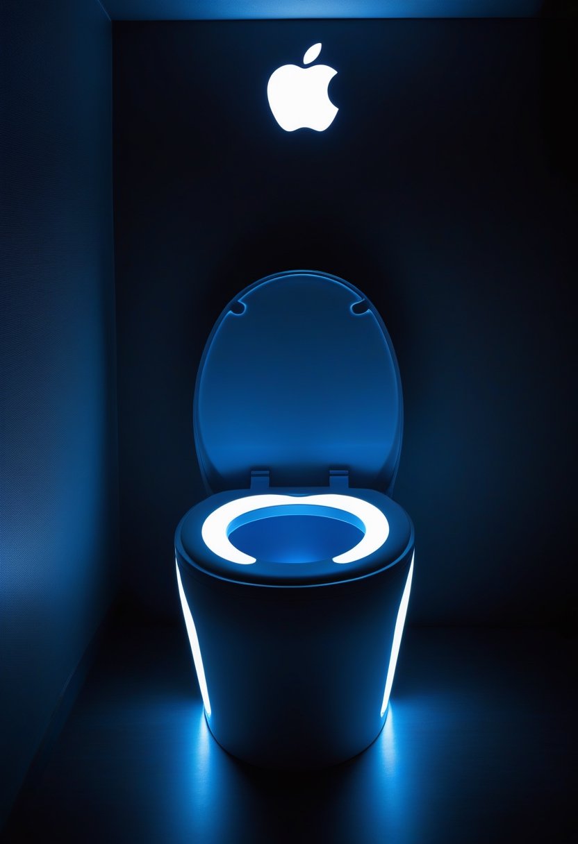 Photo of iToilet seat, commode made by Apple, Apple Logo on the back, in a dark room, blue LED backlight 