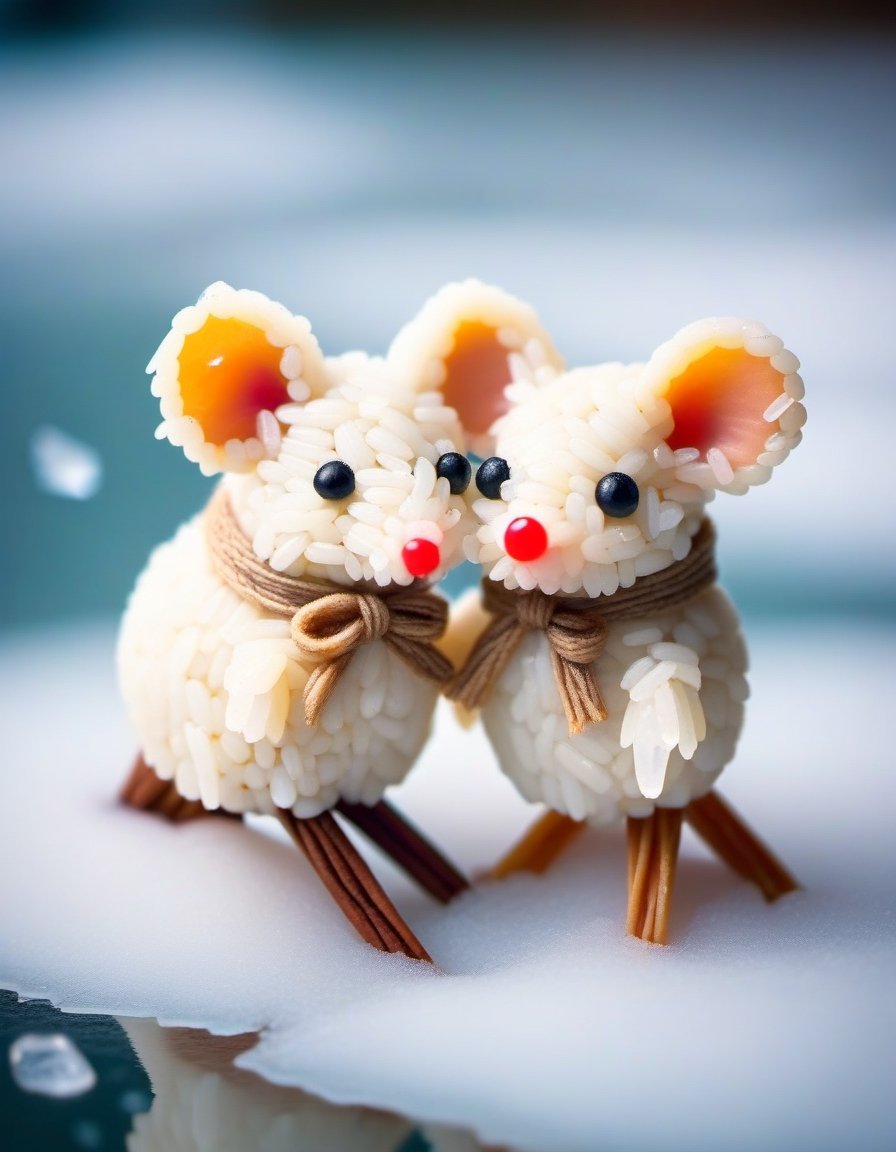 Vintage old photograph of two cute little mice made of rice, ice-skating on frozen pond in the winter. Canon 5d Mark 4, Kodak Ektar,