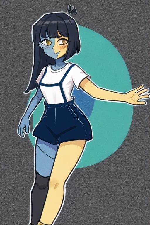 ENA (Joel G), split color body (blue on right, yellow on left), white t-shirt, black skirt with overall straps, 1girl, black socks (thigh-high on right, ankle on left), grain effect on hair, perfect anatomy, solo, better hands