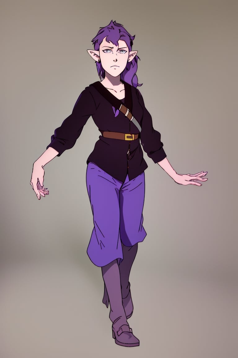 full body, plain grey background, 1girl, solo, amity_timeskip, clothes, amity, purple brown hair, long ears,best quality, human, ,SFW