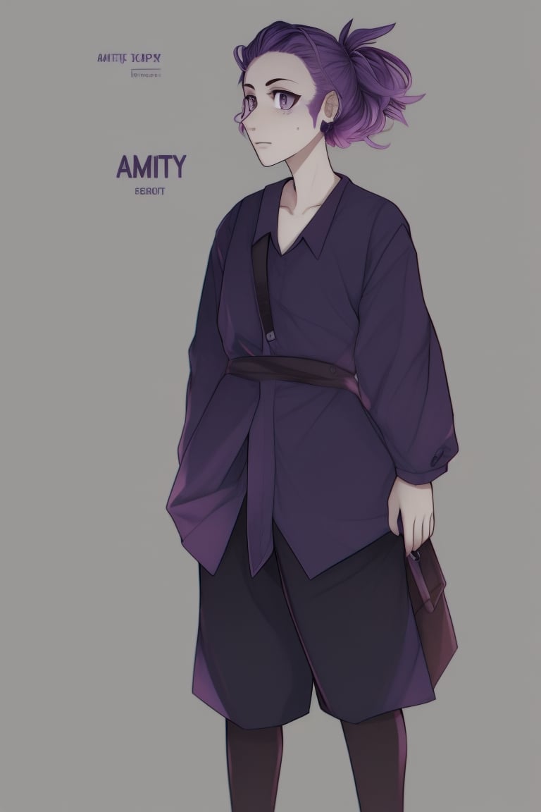 full body, plain grey background, 1girl, solo, amity_timeskip, clothes, amity, purple brown hair, long ears,best quality, human, 