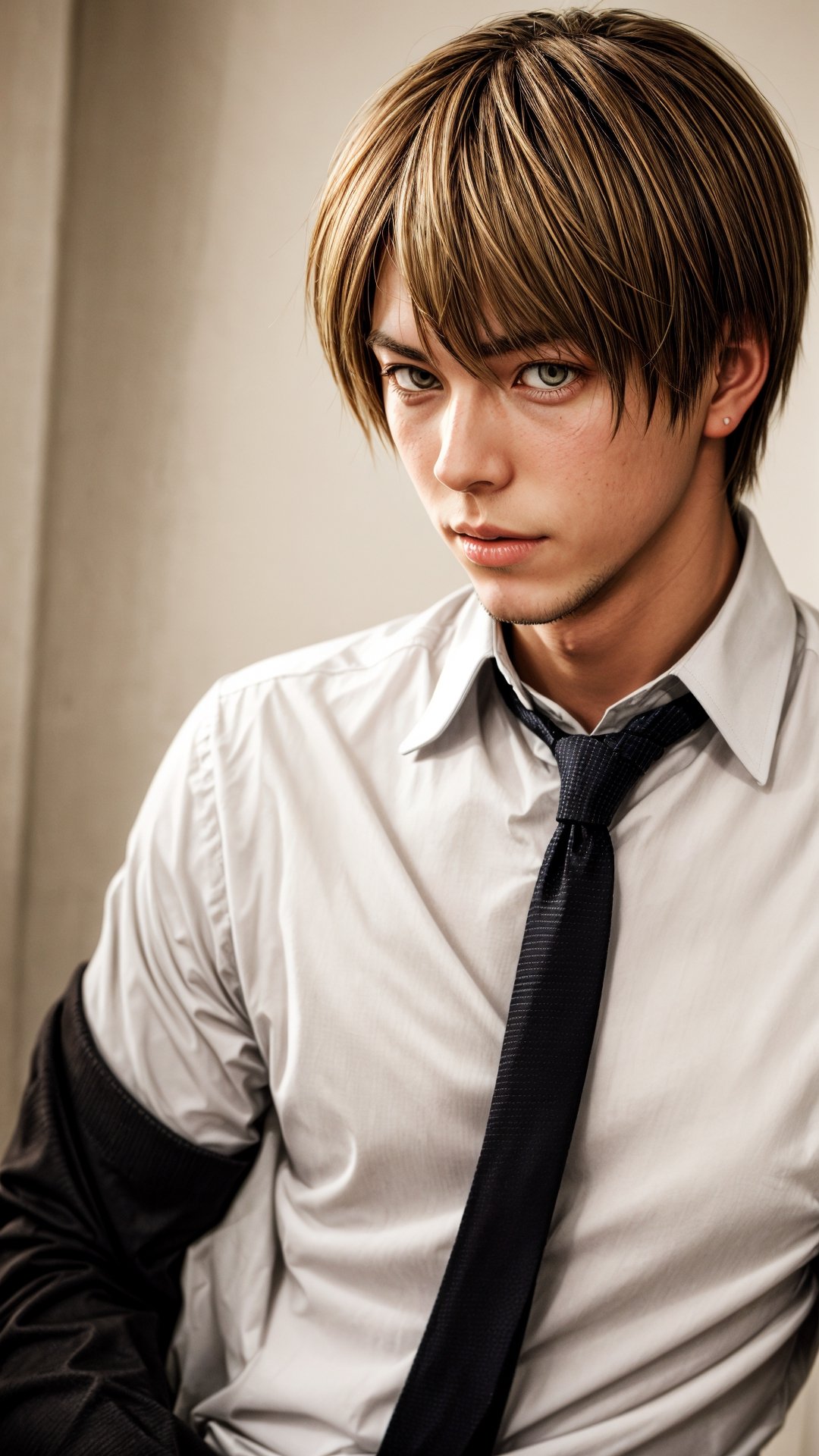 obata takeshi, masterpiece, best quality, 1boy, brown eyes, brown hair, death note, highres, looking at viewer, male focus, black necktie, official art, white shirt, black pant, solo, yagami light ,cute blond boy, 8k, high_resolution, detailed face,eren_yeager,Germany Male
