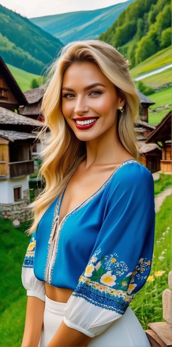 Generate a cinematic GoPro perspective (close up)capturing the enigmatic Russian supermodel as she visits an old Romanian village from the 1920s, nestled in the picturesque Maramureș area ,(vivid flowers and flowering trees next to wooden fences specific to the area), her striking blonde locks, piercing blue eyes, and a chic ponytail, she explores the village adorned in a traditional Romanian blouse, immersing herself in the cultural richness of the region. Against the backdrop of lush green grass, vibrant flowers, and charming old houses, she exudes an air of timeless elegance and grace. The GoPro photograph freezes her in a moment of enchantment, capturing the mesmerizing allure of the supermodel amidst the rustic beauty of the village's landscape. This close-up shot emphasizes her captivating smile and the interplay of natural lights, highlighting her beauty and the historical charm of the setting