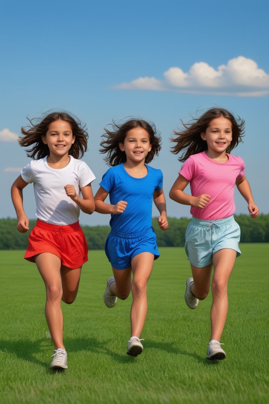 Three girls running along a meadow before studio and high resolution,<lora:659095807385103906:1.0>