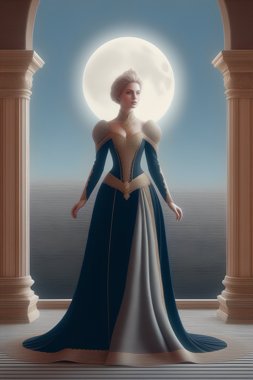 Elegantism, opulent scene, full portrait of a Victorian lady, heroic, black clothes, gold trim, full moon, castle, head and shoulders portrait, 8k resolution. (masterpiece, top quality, best quality, official art, beautiful and aesthetic:1.2), (1girl:1.4), upper body, blonde hair, portrait, extreme detailed, in the style of esao andrews,<lora:659095807385103906:1.0>