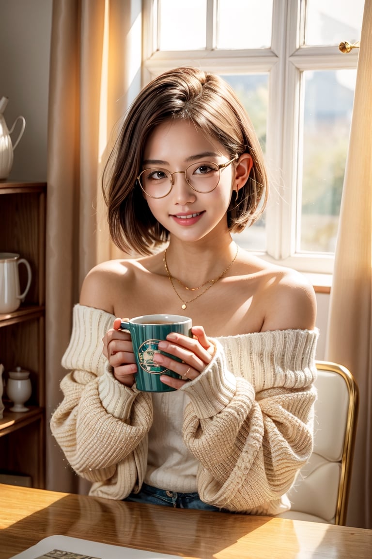 One girl, 16 years old, (very cute high school girl), big big eyes, best picture quality, 32K, realistic, high resolution, detail, (front view), look here, short chestnut hair, wearing XL size white sweater, one shoulder visible through sweater, only fingers sticking out of sleeve, gold necklace, ((holding a mug wrapped in both hands)), large round glasses with a regular circle and black rims, (teddy bear embroidered on chest), white skin, white teeth, charming smile, short cut hair, sitting at desk, upper body, fresh green wind in open window behind, curtains swinging.
,AIDA_LoRA_valenss