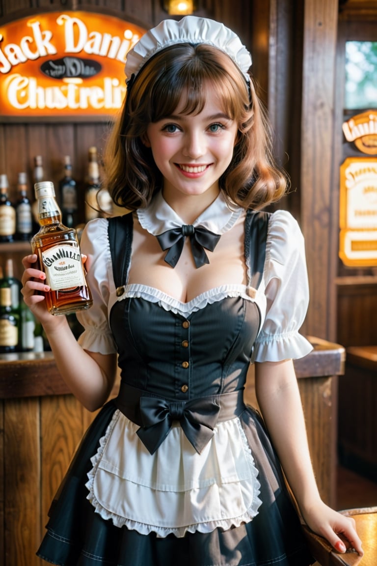 (Masterpiece, Real, 16K),1970s American bar,Cute 21 year old girl, holding a bottle of Jack Daniels with both hands, small face, bashful smile, sparkling beautiful eyes, well set teeth, vivacious image, snow white skin, thin body, perfect body proportions, full body, maid costume, chestnut mesh hair, clear light and shadow, film grain, color 66mm film analog photography film Lomography, slightly dreamy hazy film grain, color 66mm film analog photography film Lomography maid costume, chestnut mesh hair, clear light and shadow, film grain, color 66mm film analog photo film lomography, slightly dreamy hazy film grain effect, whiskey bottle and neon glowing background, 5 fingers