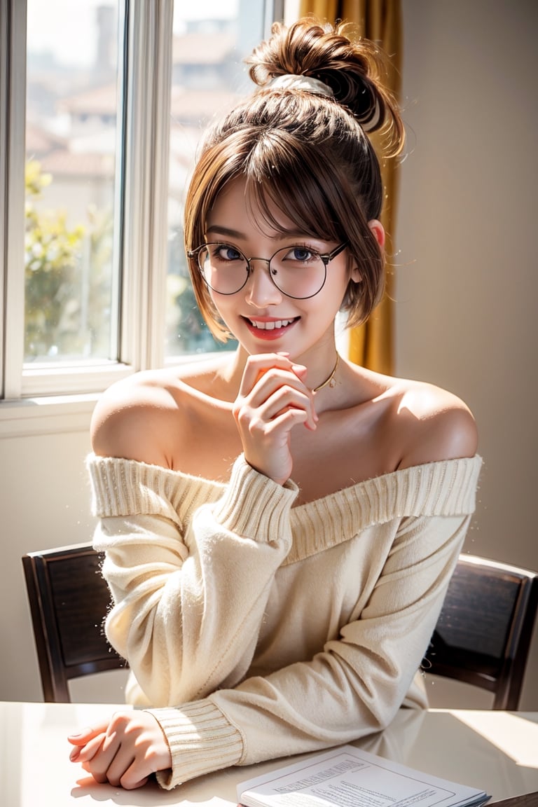 One girl, 16 years old, (very pretty, big eyes, high school girl), highest quality, 32K, realistic, high resolution, detail, high resolution, front view, short hair, wearing large white sweater, male L size, one shoulder, sleeves covering palm of hand, ((holding mug with both hands and blowing on it to cool the blowing on it to cool it down gesture)), white shoulders from collar, large round glasses, teddy bear embroidered on chest, white skin, white teeth, smile, short cut hair, sitting at desk, upper body,1 girl ,AIDA_LoRA_LauraB
