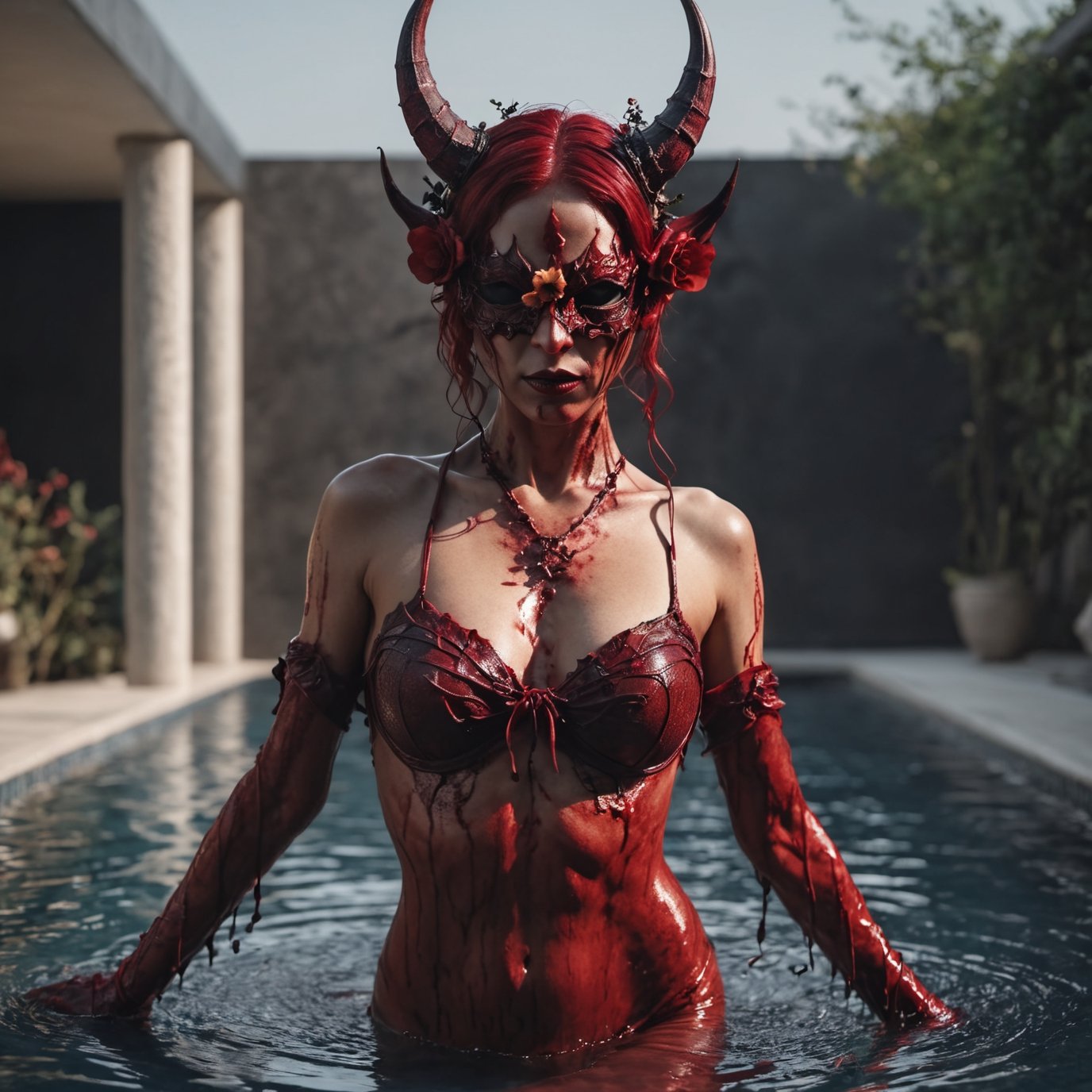 Full body photo of A female succubus demon with red skin, horns, ready for bath, going out of the pool of dark red liquid, walking toward viewer, octane render, 64k, high detail,  illustration,  Flower Blindfold,oni style