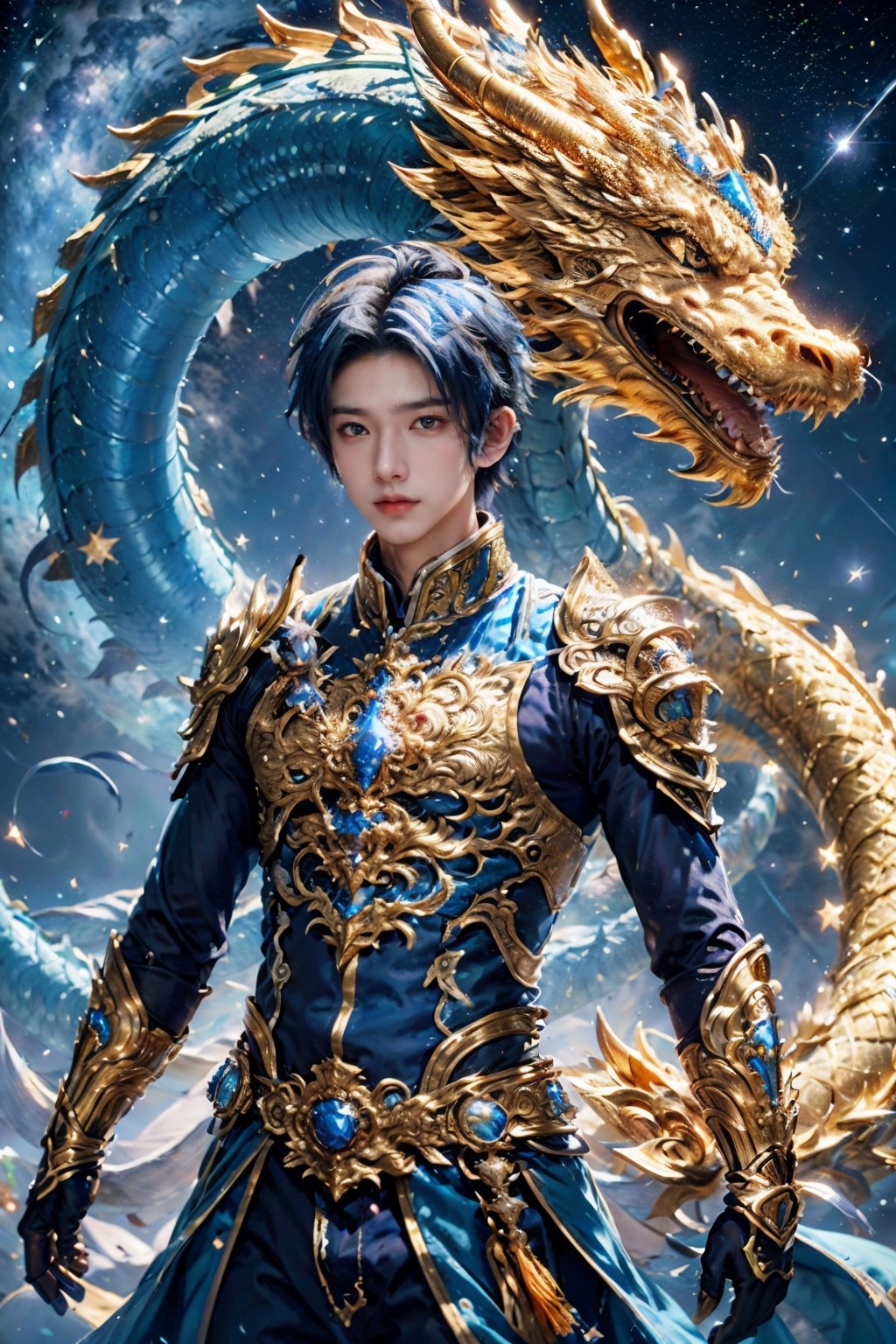 1boy,Emperor, short blue hair, blue armor, luminous magic, luminous golden dragon, starry sky, meteor, ,realistic
