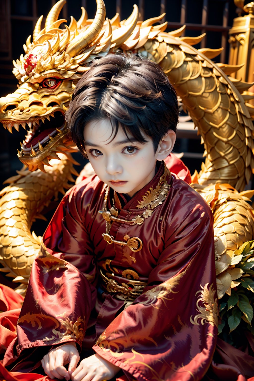 solo,  short hair,  black hair,  red eyes,  1boy,  closed mouth,  male focus,  horns,  chibi,  aged down,  child,  dragon,  male child,