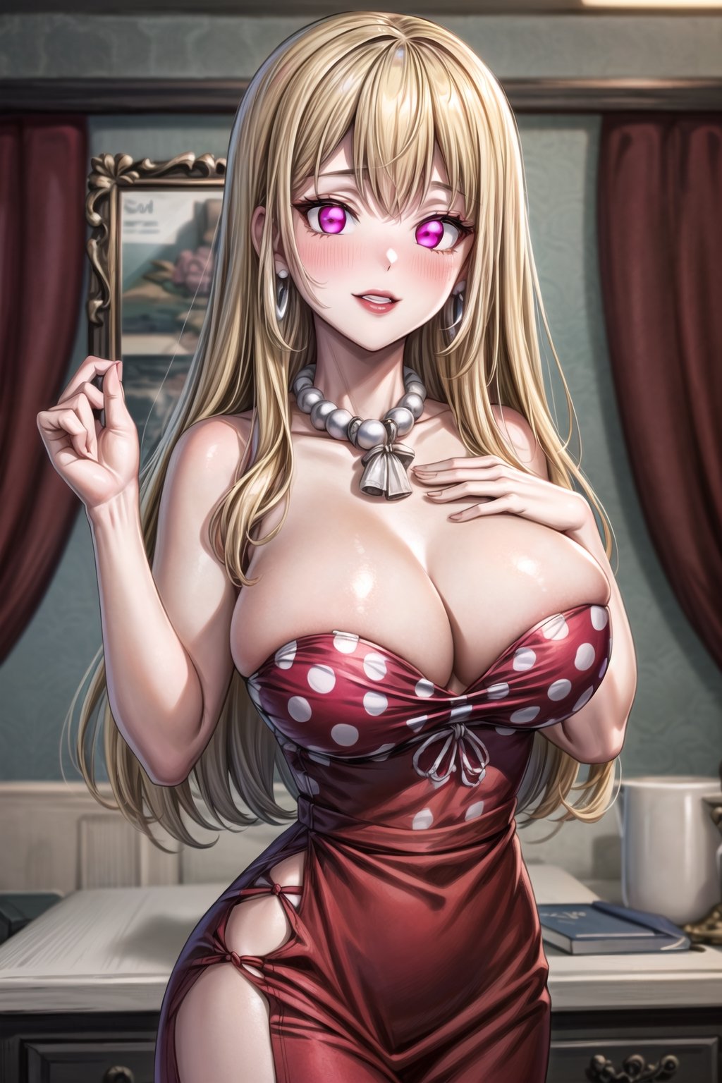 (best quality), (highly detailed), masterpiece, (official art),(ruri,blonde hair, long hair),(Stepford),lips, makeup, lipstick,red lips,smile, (pose),(polka dot:1.4), (polka dot dress:1.4),(pearl necklace:1.2), pearl bracelet, bare shoulders,(red dress:1.2),(aroused), nose blush ,standing, big breasts, (large pearl necklace), (hoop earrings:1.2), (intricately detailed, hyperdetailed), blurry background,depth of field, best quality, masterpiece, intricate details, tonemapping, sharp focus, hyper detailed, trending on Artstation,1 girl, high res,facing viewer, official art