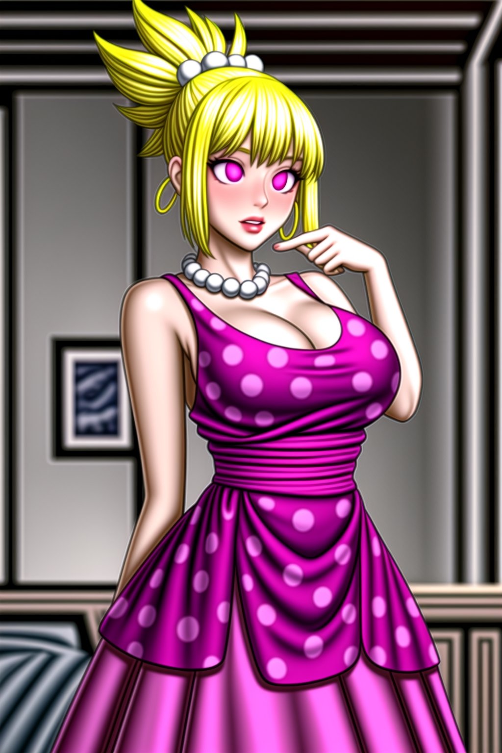 (best quality), (highly detailed), masterpiece, (official art),(kohaku, blonde hair, blue eyes, hair ornament, ponytail),(Stepford),lips, makeup, lipstick,red lips,smile, (pose),(polka dot:1.4), (polka dot dress:1.4),(pearl necklace:1.2), pearl bracelet, bare shoulders,(red dress:1.2),(aroused), nose blush ,standing, big breasts, (large pearl necklace), (hoop earrings:1.2), (intricately detailed, hyperdetailed), blurry background,depth of field, best quality, masterpiece, intricate details, tonemapping, sharp focus, hyper detailed, trending on Artstation,1 girl, high res,facing viewer, official art,<lora:659111690174031528:1.0>