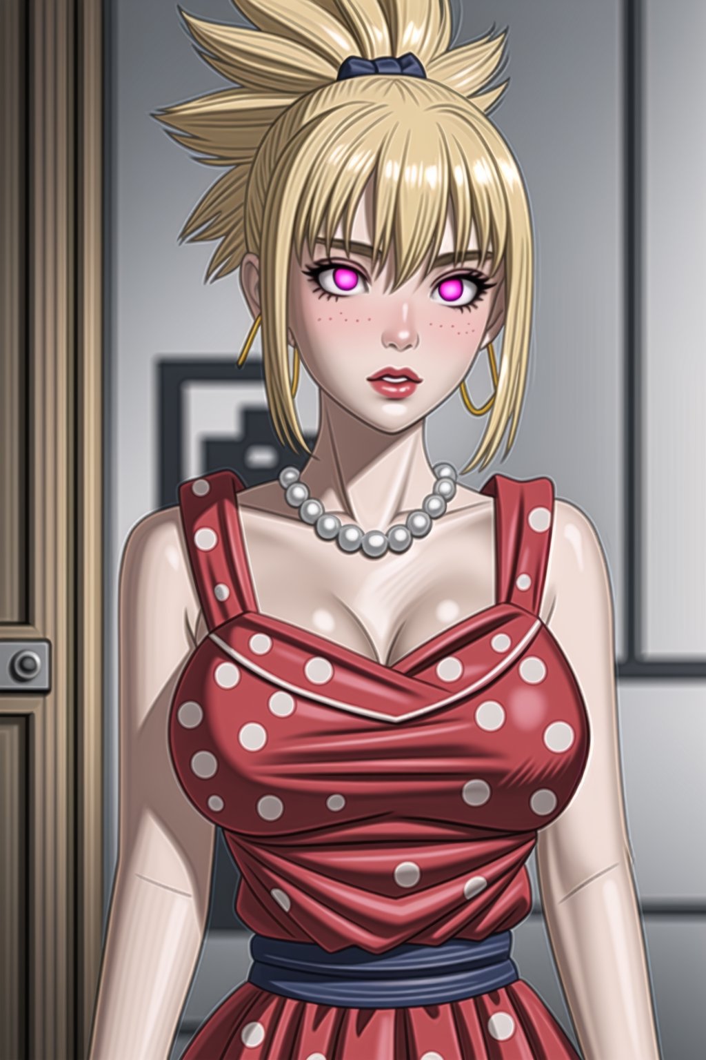 (best quality), (highly detailed), masterpiece, (official art),(kohaku, blonde hair, hair ornament, ponytail),(Stepford),lips, makeup, lipstick,red lips,smile, (pose),(polka dot:1.4), (polka dot dress:1.4),(pearl necklace:1.2), pearl bracelet, bare shoulders,(red dress:1.2),(aroused), nose blush ,standing, big breasts, (large pearl necklace), (hoop earrings:1.2), (intricately detailed, hyperdetailed), blurry background,depth of field, best quality, masterpiece, intricate details, tonemapping, sharp focus, hyper detailed, trending on Artstation,1 girl, high res,facing viewer, official art,StandingAtAttention,<lora:659111690174031528:1.0>