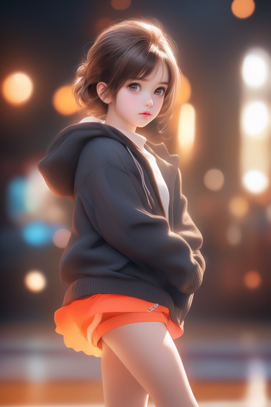best quality, masterpiece, beautiful and aesthetic, vibrant color, Exquisite details and textures,  Warm tone, ultra realistic illustration,	(cute European girl, 7year old:1.5),	(Figure Skating theme:1.2),	cute eyes, big eyes,	(a sullen look:1.2),	16K, (HDR:1.4), high contrast, bokeh:1.2, lens flare,	siena natural ratio, children's body, anime style, 	head to thigh portrait,	Short Wave brown hair,	wearing a hoodie, shorts, white turtleneck,	ultra hd, realistic, vivid colors, highly detailed, UHD drawing, perfect composition, beautiful detailed intricate insanely detailed octane render trending on artstation, 8k artistic photography, photorealistic concept art, soft natural volumetric cinematic perfect light. 