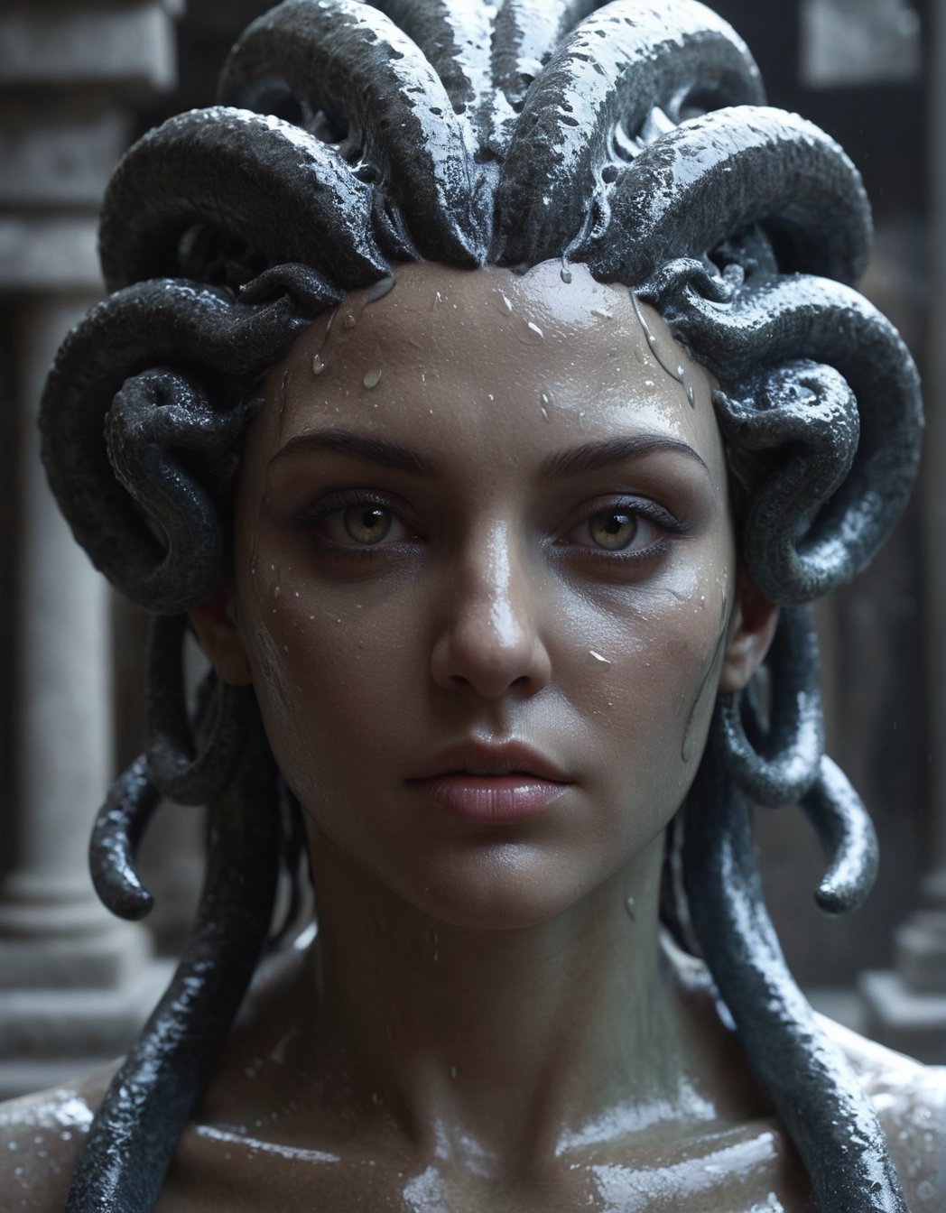 Photorealistic, best quality, The dark creature made out stone stares at the camera, Character Medusa, in the (style of liquid metal), vray tracing, raw character, 32k uhd, schlieren photography, conceptual portraiture, wet - on - wet blending, (background of an ancient temple), masterpiece, cinematic moviemaker style