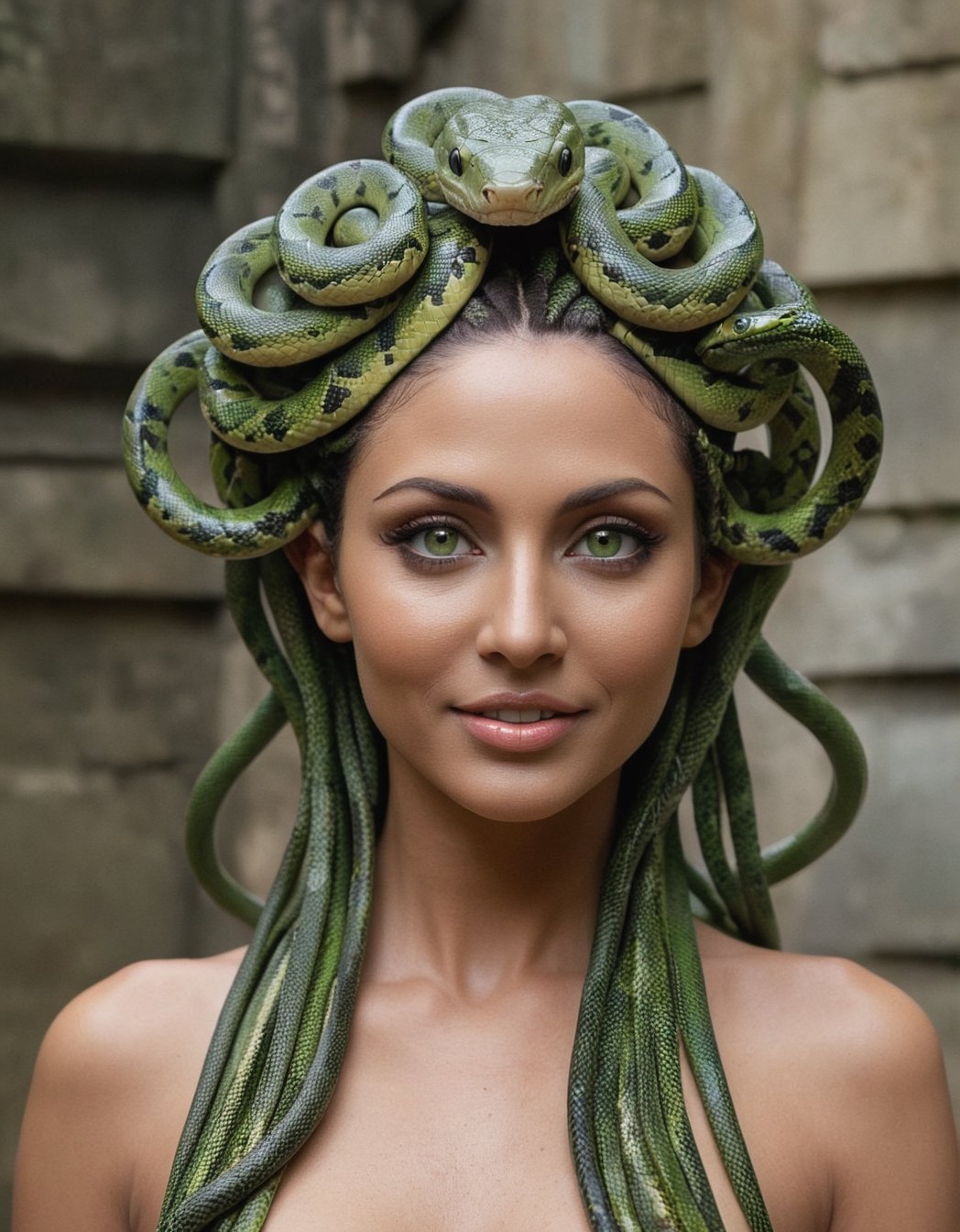 ((ultra realistic)), hyper details, best quality, beautifull exotic woman ((Medusa)), (hairless), ((many snakes come out of his scalp towards the camera)), mischievous smile, (big bright green eyes), rough and dry skin, snakes looking camera, Human skin with stone texture, (background of an ancient temple), masterpiece, cinematic moviemaker style