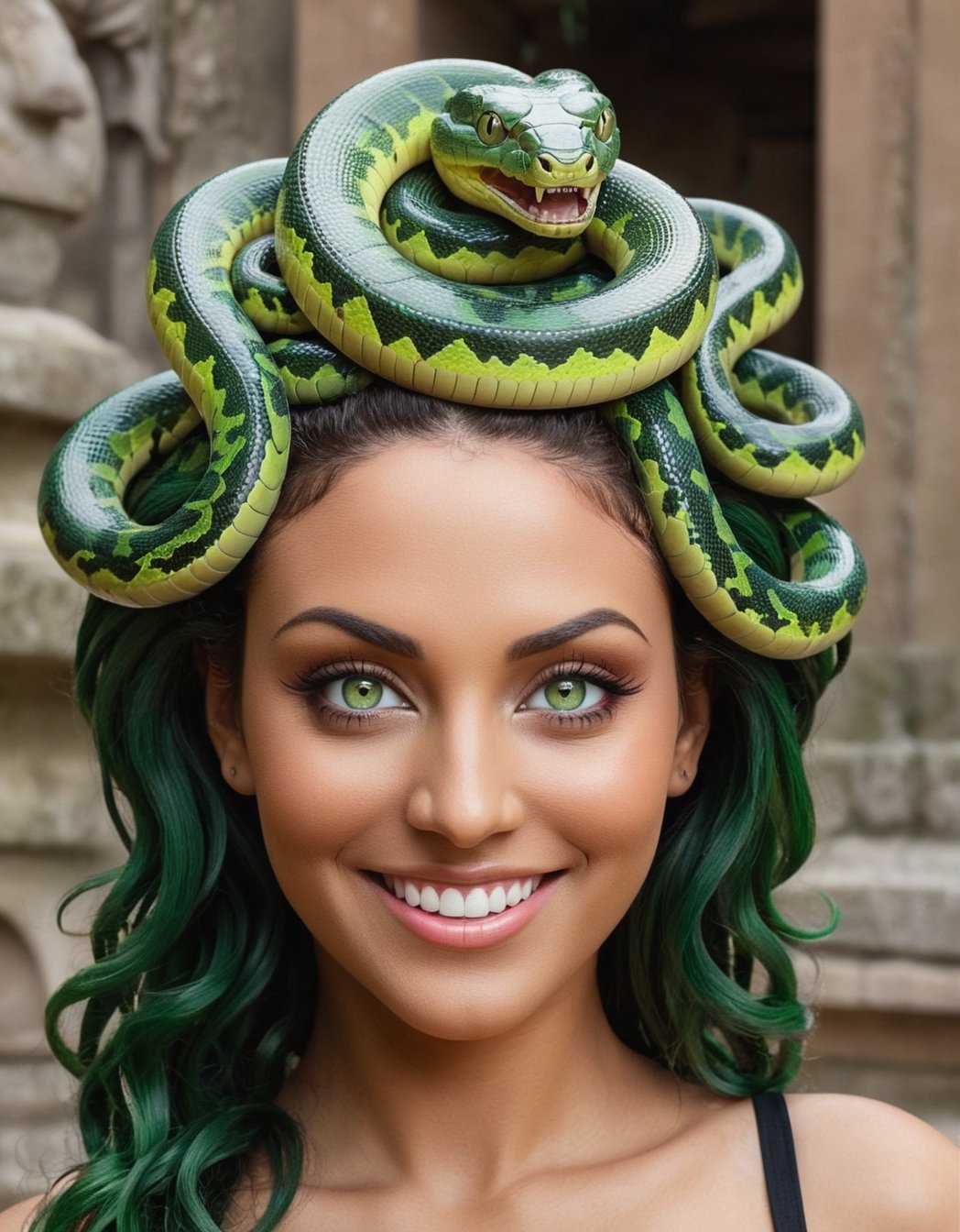 ((ultra realistic)), hyper details, best quality, beautifull exotic ((Medusa)), (Head with snakes instead of hair), smiling, (big bright green eyes), perfect skin, snake looking camera, (background of an ancient temple), masterpiece, cinematic moviemaker style
