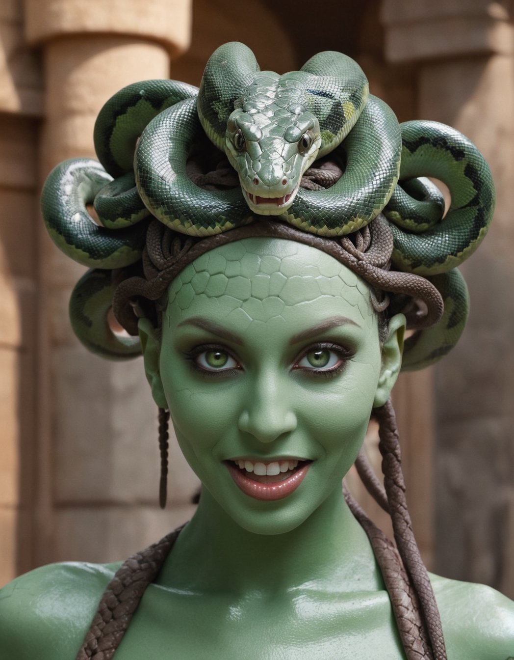 ((ultra realistic)), hyper details, best quality, beautifull exotic woman ((Medusa)), (hairless), ((many snakes come out of his scalp towards the camera)), mischievous smile, (big bright green eyes), rough and dry skin, snakes looking camera, Human skin with stone texture, (background of an ancient temple), masterpiece, cinematic moviemaker style