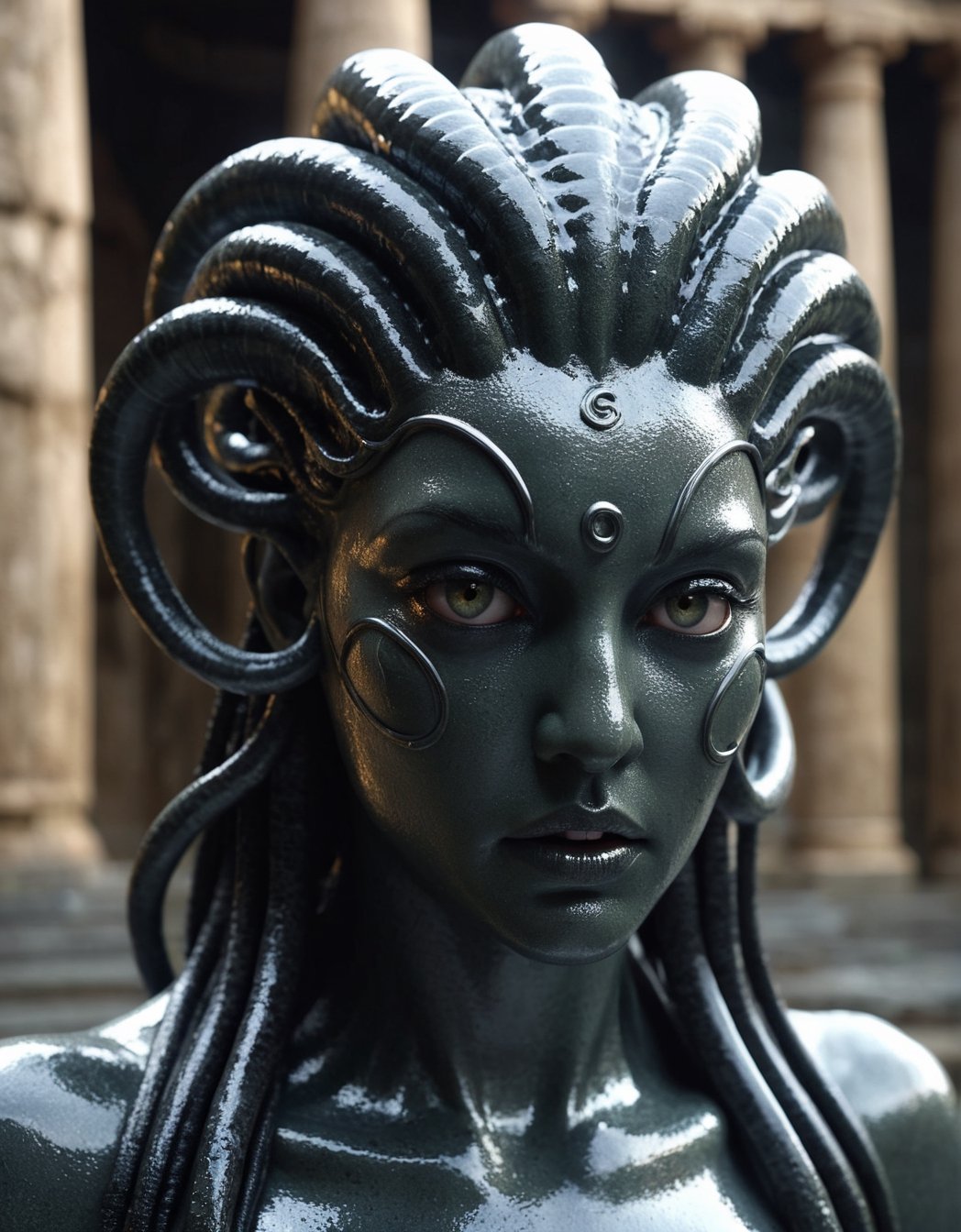 Photorealistic, best quality, The dark creature made out stone stares at the camera, Character Medusa, in the (style of liquid metal), vray tracing, raw character, 32k uhd, schlieren photography, conceptual portraiture, wet - on - wet blending, (background of an ancient temple), masterpiece, cinematic moviemaker style