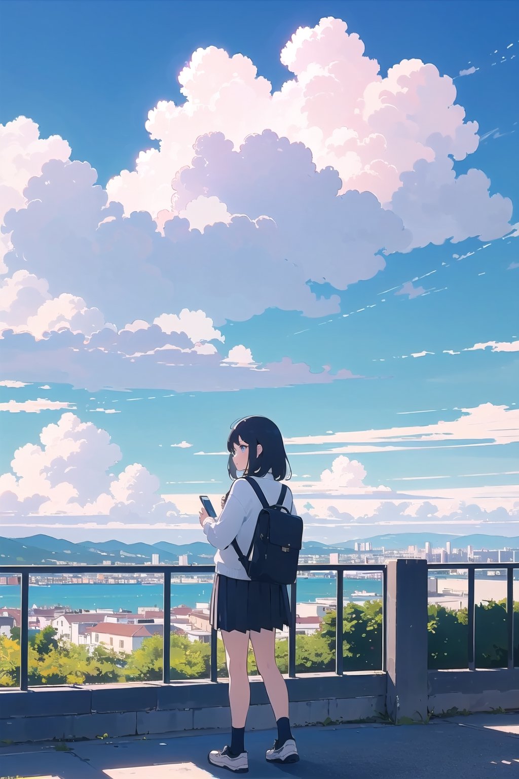 (masterpiece, best quality, detailed background:1.4), 1girl, portrait, backpack, bag, blue sky, building, city, cityscape, cloud, cloudy sky, day, hill, horizon, BREAK
mountain, mountainous horizon, multiple girls, ocean, outdoors, pleated skirt, railing, scenery, shoes, sky,  standing, window,
