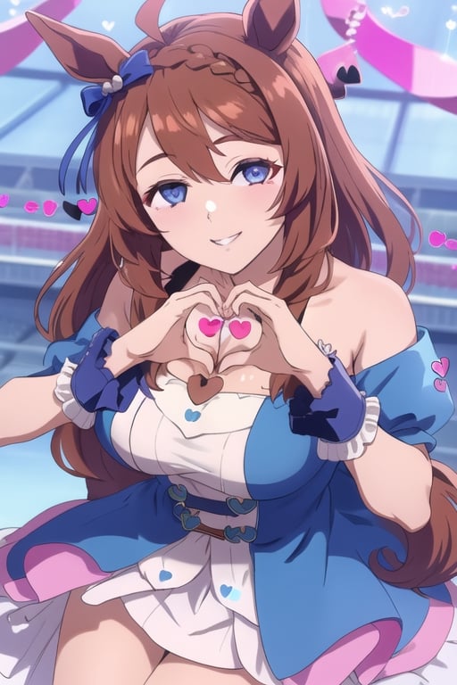 masterpiece, ultra detailed,  high resolution,  ahoge, 1girl, pov, （crown braid:1.5), braid, (hand heart:1.5), brownish red hair, blue and white dress, open shoulder, blue eyes,  brown_skin, busty, blow tie on the hair, smile, idol_master, horse_ears