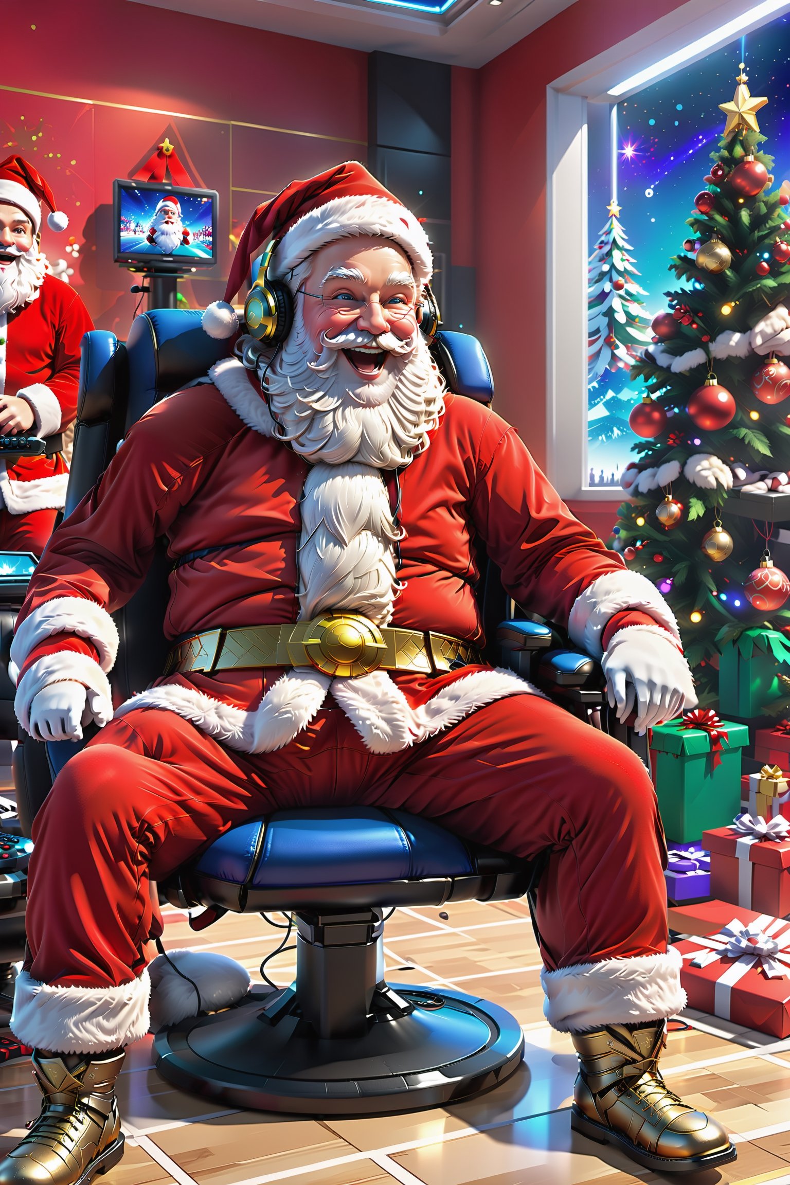 In this unique scene, Santa Claus enthusiastically participates in a {(((gaming tournament)))}, presenting an interesting combination of modern technology and traditional Christmas.

Santa is sitting on a shiny gaming chair, wearing a pair of professional gaming headphones and holding a very skillfully handled gamepad. Dressed in a red and white gaming suit, there may be some Christmas patterns and decorations that add a festive touch to the whole picture.

In front of the screen is a high-definition monitor displaying Christmas-themed gameplay. It could be an intense eSports match, and Santa Claus is into it, focused and excited. His eyes reveal a desire to win, and a confident smile hangs at the corner of his mouth.

There may be some spectators around, who may also be other Santas or various Christmas characters, excitedly watching the game. There may be some Christmas lights adorning the walls of the gaming room, adding color to the match scene.

The whole scene is full of modern technology and gaming elements, which combine with traditional Christmas images to present a new and interesting picture. This image shows the vitality of modern technology and also incorporates the joyful atmosphere of traditional festivals, giving a unique visual experience.
