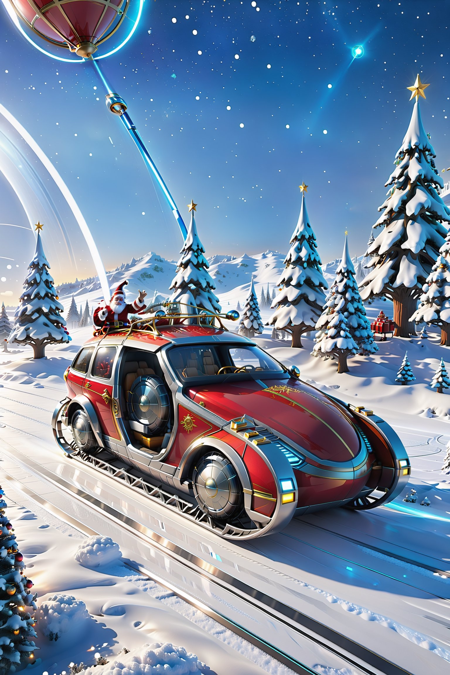 In this scene, {(((Santa Claus's sleigh is full of futuristic technology)))}, flashing with dazzling colored lights. The entire sleigh is designed in a futuristic style, with a streamlined body that appears silver or mirrored, reflecting the surrounding Christmas tree and snowy landscape.

The body is adorned with LED lights that create a bright pattern that resembles a twinkling star. The wheels are adorned with glowing decorations, creating a fantastic atmosphere. The propulsion device at the bottom of the sled car is also a masterpiece of modern technology, probably some levitation technology or a magnetic suspension system, which makes the sled glide lightly over the snow as if it were free from any resistance.

At the front of the vehicle is a transparent cockpit, allowing one to see Santa Claus sitting in a comfortable driver's seat, with his hands on a futuristic steering wheel, controlling the direction of the sleigh. There may also be some high-tech displays in the cockpit showing navigation information, gift lists or a countdown to Christmas.

Throughout the scene, the sleigh car speeds through the silvered Christmas night, leaving a sparkling track of light, like a messenger from the future world descending on this peaceful holiday night.