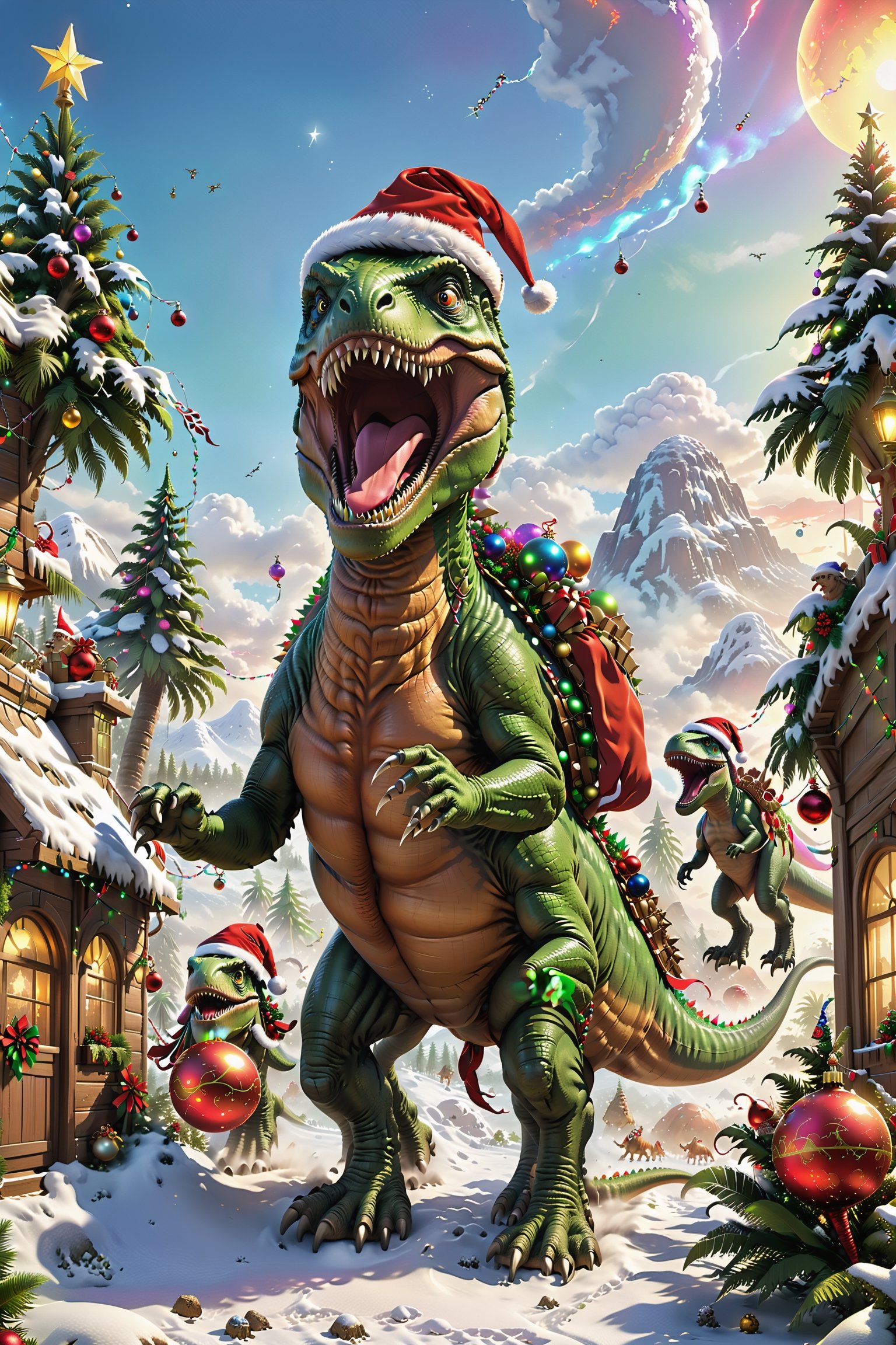 Santa Claus rides on the back of a Tyrannosaurus Rex in this amazing scene that combines traditional Christmas imagery with the Jurassic era to create a fantastical image.

The T. rex is tall and powerful, adorned with colorful Christmas lights and a string of Christmas balls hanging from its head. The T. rex may also have some Christmas hangings on his body, such as red ribbons or bells, adding a festive touch to this T. rex Christmas messenger.

Santa Claus is wearing a special Christmas vest and waving a Christmas decoration similar to a reindeer whip in his hand. His eyes reveal joy and excitement, as if he is delighting in this fantastical riding experience.

Surrounding him is an ancient and mysterious Jurassic era scene, with tall palm trees, strange vegetation, and dinosaurs running in the distance, building up the scene even more colorful.

The whole picture highlights the adventurous spirit of Santa Claus, freeing him from the busy work of gift preparation and traveling through time with the Tyrannosaurus Rex, bringing a whole new level of creativity and fun to this special Christmas season.