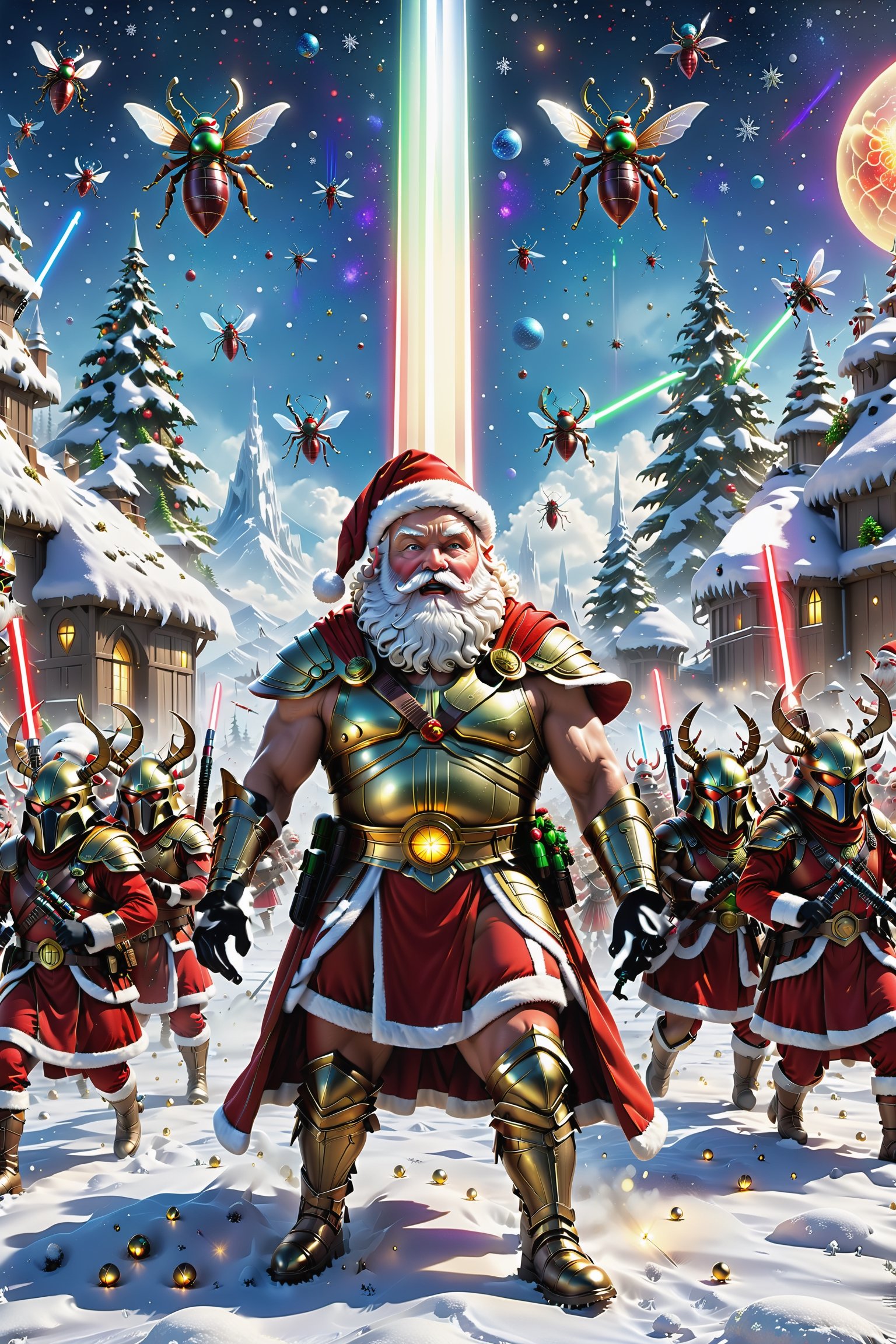 In this surreal scene, Santa Claus leads a huge army of Santas in a fierce battle against alien bugs. The whole picture is full of thrilling atmosphere, combining traditional Christmas elements with sci-fi adventure.

The sky is dotted with stars, and a group of alien bugs fly like a galaxy, their appearance smooth, transparent, with an unknown sense of technology. The Santa Claus army, on the other hand, wears gorgeous battle costumes and is equipped with unique weapons, such as Christmas gift-turned lightsabers and candy bombs. Each Santa displays a valiant stance for battle, with a determined expression on his face.

The snow is covered with fragile white snow, and on the snow is a fierce encounter. Santa's legion of sleighs converted into battle armor and adorned with colored lights and decorations, there is a fierce duel between the Santa Claus and the alien bugs. Santa wields a lightsaber, a magnificent ray of light streaking across the night sky, contrasting sharply with the glow of the alien bugs.

In this whimsical scene, Santa Claus is no longer a traditional gift-giver, but a valiant warrior, guarding the mysterious power of Christmas with Santa's legion against the invasion of the alien bugs. The whole picture is full of fantasy and creativity, giving a brand new Christmas experience.