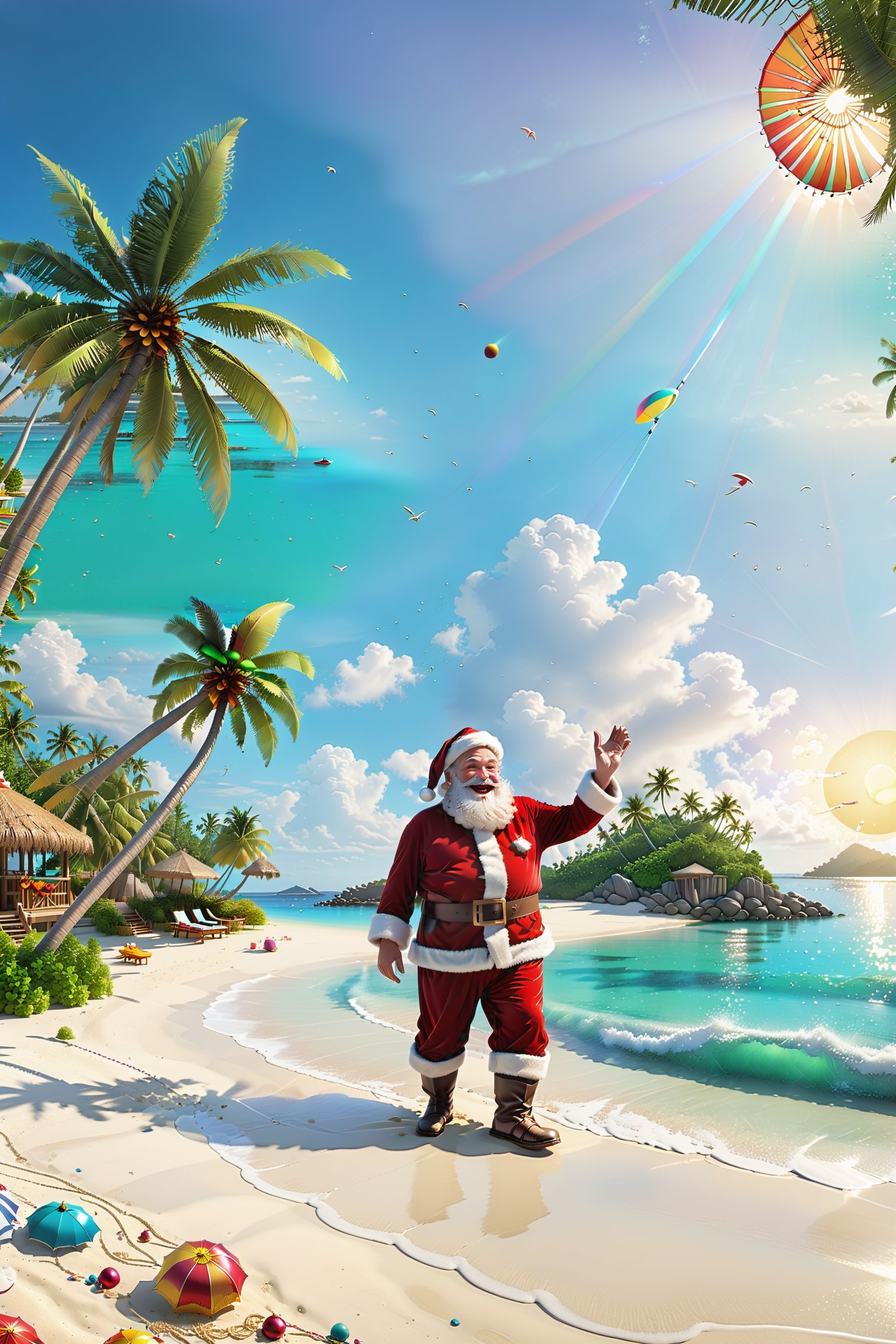 In this cheerful scene, {(((Santa Claus is on a sunny island)))}, embarking on an exotic Christmas vacation. The island is made up of golden sandy beaches, turquoise blue waters and emerald green coconut trees, just like a tropical paradise.

Santa Claus is dressed in relaxed vacation attire, possibly a short-sleeved plaid shirt with loose shorts and comfortable flip-flops. He held a colorful parasol in his hand, swaying gently with the breeze, as if he was enjoying this paradise-like resort.

Santa Claus steps onto the soft sandy beach with a string of coconut trees swaying lazily behind him. He may also be carrying a colorful surfboard, decorating the whole scene with even more energy. Or maybe he's holding a string of bright Christmas lights in his hand, dotting the coconut trees and bringing a festive atmosphere to this beach.

The ocean sparkles in the distance, welcoming the waves that gently lap on the beach. Perhaps there is a small boat moored in the distance, waiting for the next sea adventure. The whole image reveals a relaxed, pleasant and festive delight, giving a Christmas atmosphere that is different from the traditional but equally cozy.