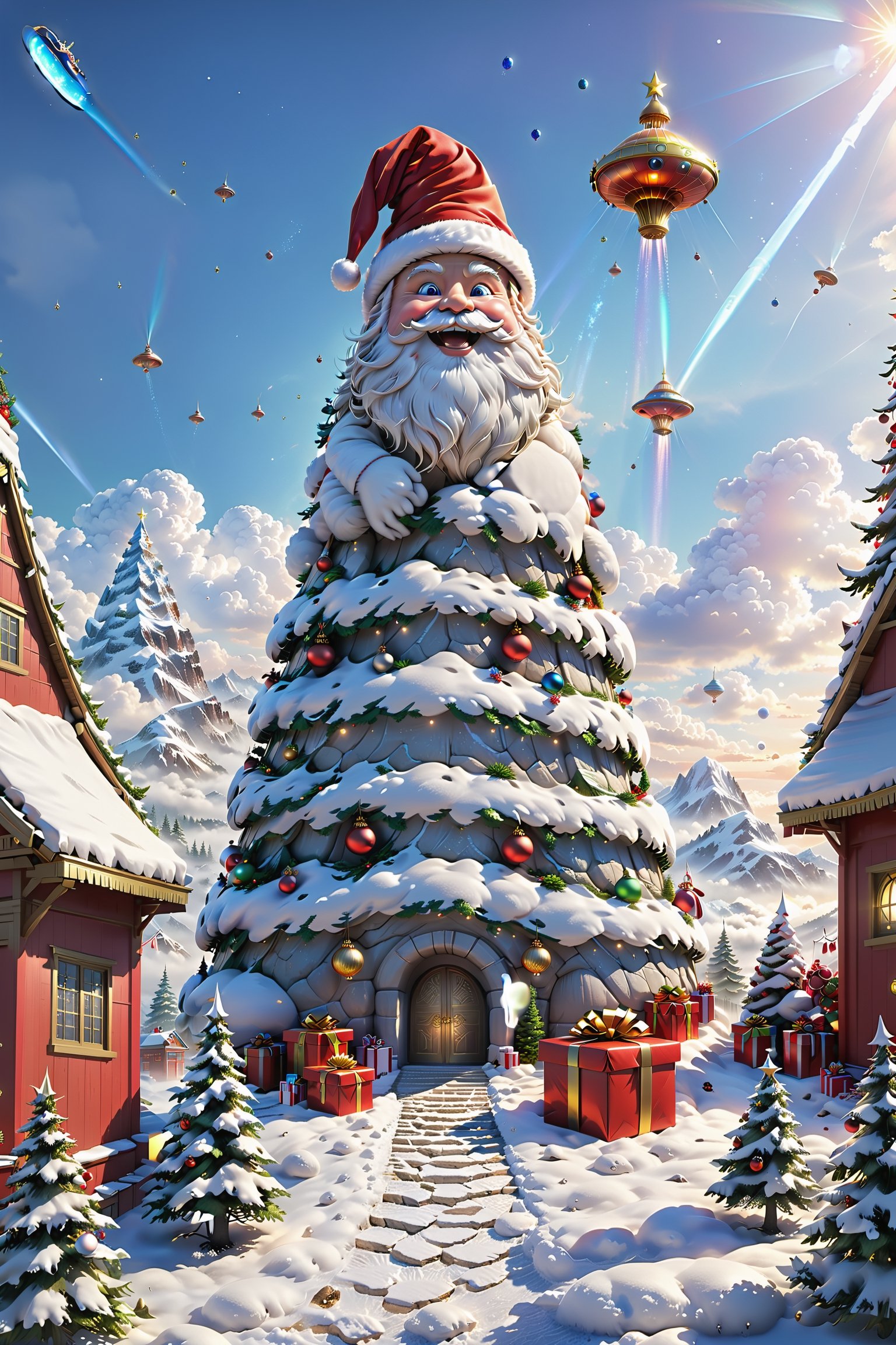 
在这个科幻而异想天开的场景中,圣诞老人骑着一架炫酷的UFO,将传统的圣诞形象与未来科技相融合,呈现出一种前所未见的奇幻画面。

UFO底部可能点缀着彩灯,发出五彩斑斓的光芒。UFO的外观可能装饰着圣诞图案,如雪花、礼物盒子等,为这架太空飞船增添了一份节日的氛围。或者,UFO周围还环绕着一圈璀璨的圣诞彩带,如同一道飘逸的光环。

圣诞老人身着时尚的宇航服,头戴带有星星图案的圣诞帽。他坐在UFO驾驶舱里,手中握着类似飞船操纵杆的礼物袋,表情愉悦而兴奋,似乎正准备启程为全球的孩子送去圣诞礼物。

周围可能是一片星空和太空中的星云,展现出一种宇宙般的壮丽景象。或者在远处,有一些其他的飞行器,如彩色的礼物飞船或圣诞火箭,一同装点这个太空舞台。

整个画面充满了科技感与创意,展现了未来圣诞的一种幽默而奇妙的想象。
The giant towers over the clouds, clad in Christmas decorations, with a huge red Santa hat flopping over his head, and probably covered in colored lights and gift boxes, adding color to the scene. Santa Claus sits on the giant's shoulders, waving a special giant Christmas stocking in his hand, as if delivering Christmas wishes to children all over the world.

The expression on the giant's face may be jolly and warm, complementing the pleasant atmosphere of Santa Claus. His body may also be adorned with some Christmas wreaths, and his huge paws step on a patch of snow, leaving deep imprints.

The background might be a cold winter day with snowflakes fluttering in the air. Or there may be some other Christmas elements around, such as snowmen and Christmas trees, creating a scene full of laughter and blessings.

The whole picture is full of creativity and vigor, combining the image of Santa Claus with elements of pop culture to present an eye-catching fantasy picture.