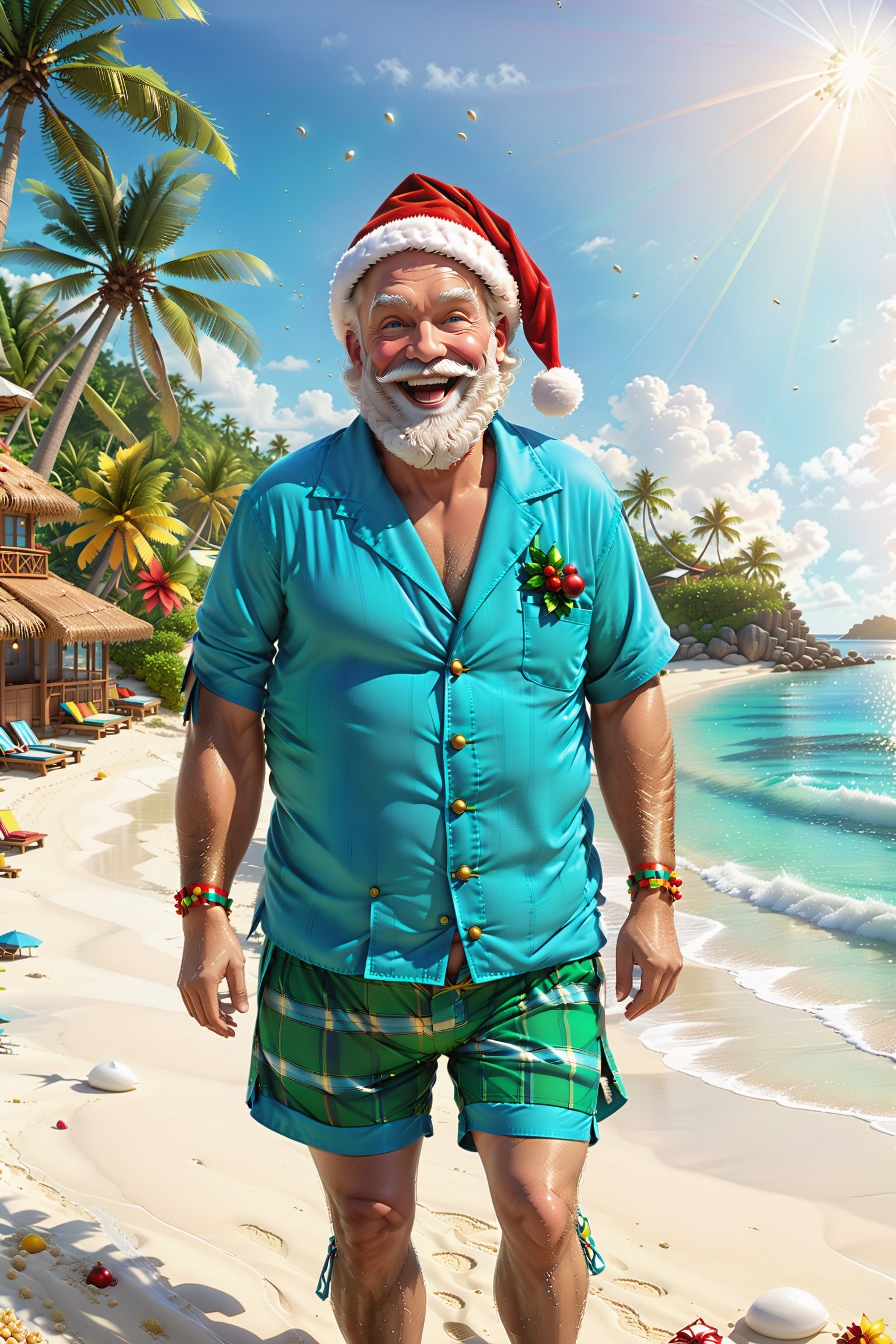 In this cheerful scene, {(((Santa Claus is on a sunny island)))}, embarking on an exotic Christmas vacation. The island is made up of golden sandy beaches, turquoise blue waters and emerald green coconut trees, just like a tropical paradise.

{(((Santa Claus is dressed in relaxed vacation attire, possibly a short-sleeved plaid shirt with loose shorts and comfortable flip-flops)))}. He held a colorful parasol in his hand, swaying gently with the breeze, as if he was enjoying this paradise-like resort.

Santa Claus steps onto the soft sandy beach with a string of coconut trees swaying lazily behind him. He may also be carrying a colorful surfboard, decorating the whole scene with even more energy. Or maybe he's holding a string of bright Christmas lights in his hand, dotting the coconut trees and bringing a festive atmosphere to this beach.

The ocean sparkles in the distance, welcoming the waves that gently lap on the beach. Perhaps there is a small boat moored in the distance, waiting for the next sea adventure. The whole image reveals a relaxed, pleasant and festive delight, giving a Christmas atmosphere that is different from the traditional but equally cozy.