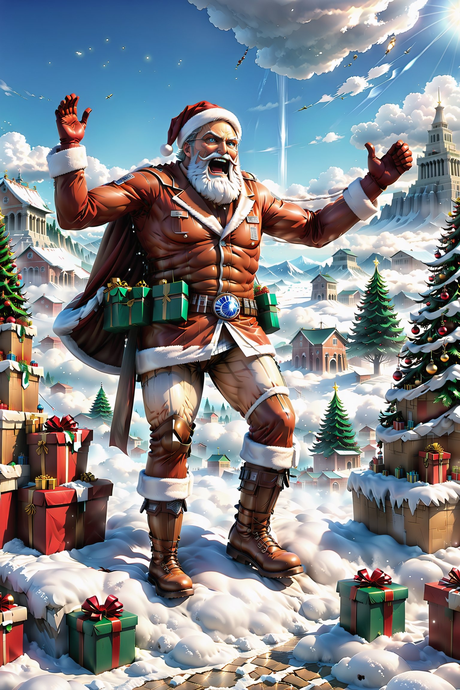 Santa Claus takes on a whole new look in this jaw-dropping scene as he rides atop a massive and imposing {(((attack on titan)))}, blending traditional Christmas elements with trendy anime elements.

The giant towers over the clouds, clad in Christmas decorations, with a huge red Santa hat flopping over his head, and probably covered in colored lights and gift boxes, adding color to the scene. Santa Claus sits on the giant's shoulders, waving a special giant Christmas stocking in his hand, as if delivering Christmas wishes to children all over the world.

The expression on the giant's face may be jolly and warm, complementing the pleasant atmosphere of Santa Claus. His body may also be adorned with some Christmas wreaths, and his huge paws step on a patch of snow, leaving deep imprints.

The background might be a cold winter day with snowflakes fluttering in the air. Or there may be some other Christmas elements around, such as snowmen and Christmas trees, creating a scene full of laughter and blessings.

The whole picture is full of creativity and vigor, combining the image of Santa Claus with elements of pop culture to present an eye-catching fantasy picture.