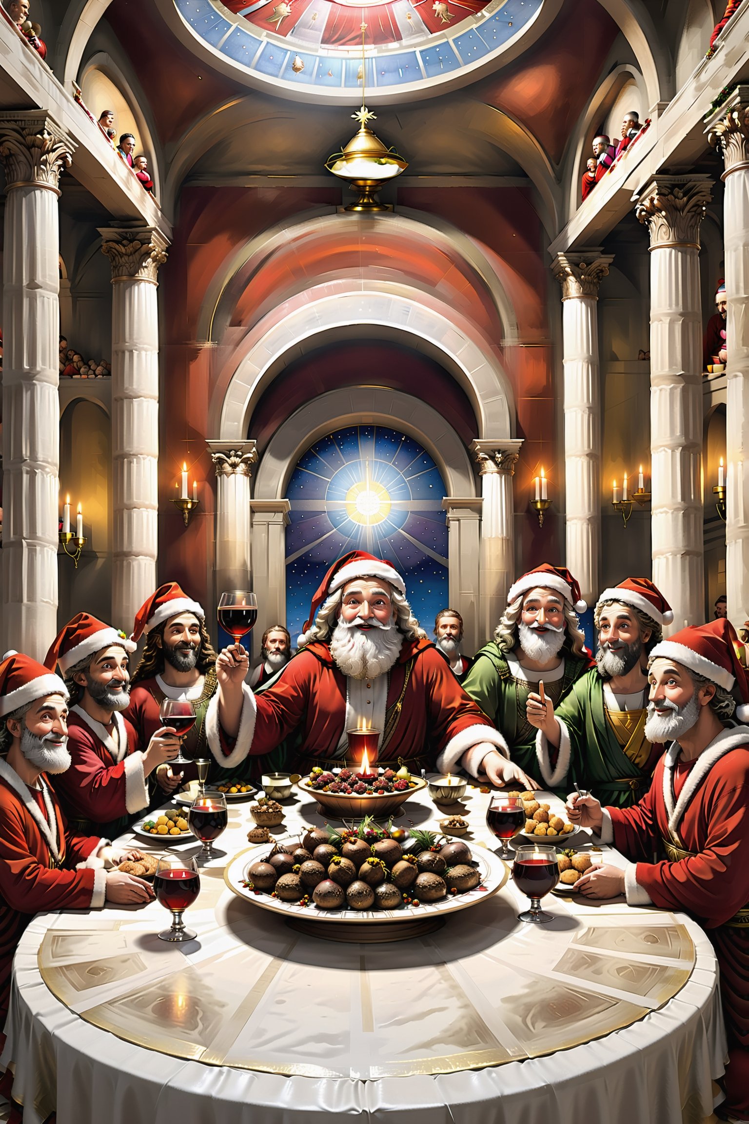 In this creative scene, Santa Claus appears as a modern Christmas legend in the famous artwork {(((The Last Supper)))}. The scene seems to have traveled back in time to put a new spin on this classic scene.

At the long dining table, Santa Claus sits in the place of Jesus Christ, surrounded by his twelve disciples, replacing the figures from the original painting with traditional Christmas decorations. The food on the table has also been transformed into Christmas specialties such as roast turkey, Christmas pudding and a variety of delicious treats.

Each of the disciples in the picture appears as a traditional Christmas character, which may be a reindeer, elf, snowman, and so on. They surround the table, displaying a solemn and cheerful atmosphere. The candelabra are lit with Christmas candles, adding color to the scene.

Santa Claus looks kind and holds a glass of wine in his hand as if he is saluting this special moment. His eyes sparkle with love and care, infusing the scene with a feeling of warmth.

The whole picture is a skillful fusion of culture and tradition, combining art classics with Christmas elements to create a scene that is both solemn and festive, bringing people a new artistic and cultural experience.