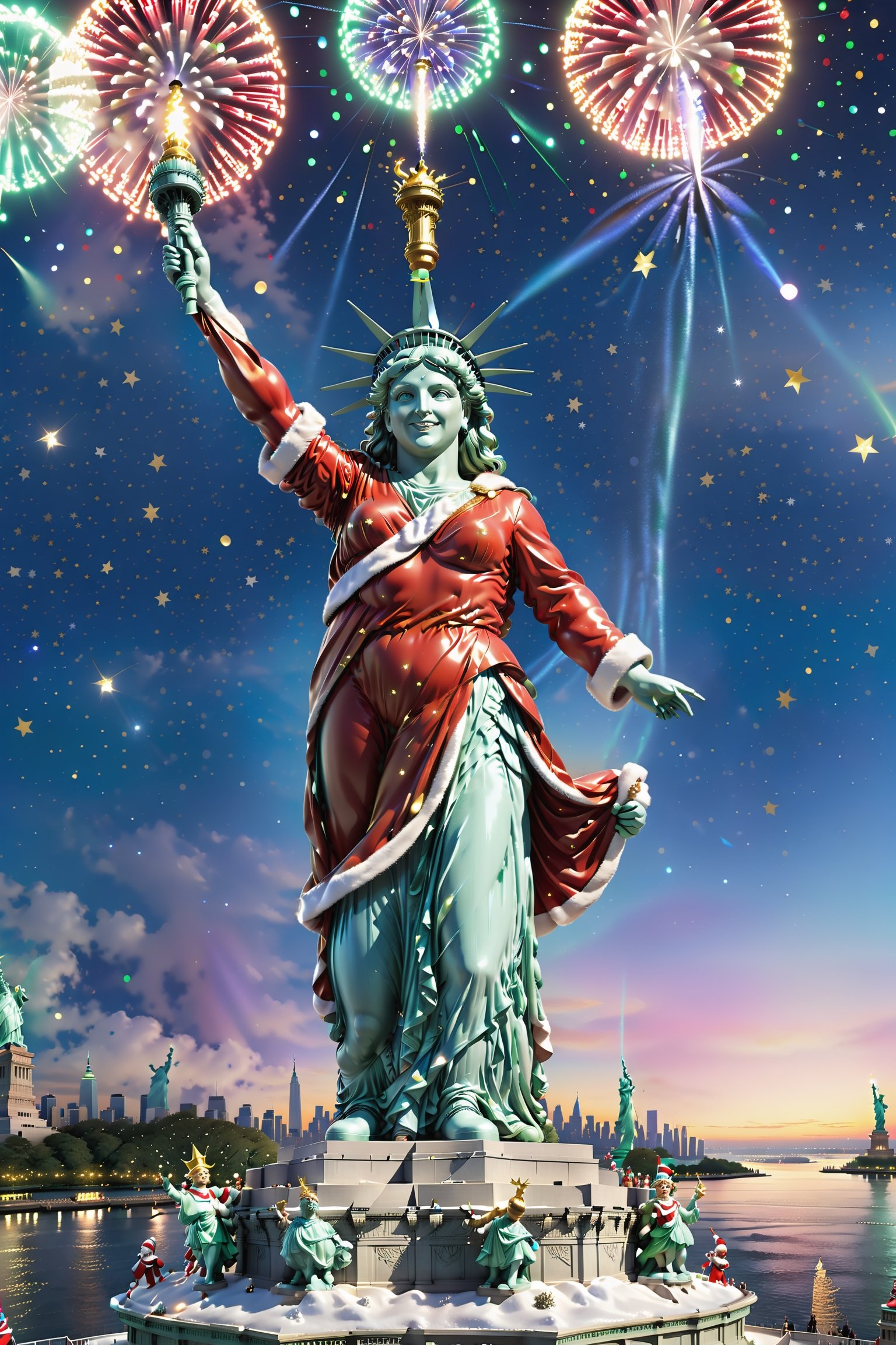 In this cheerful scene, Santa Claus launches into a merry dance on top of the Statue of Liberty. The night sky is sprinkled with sparkling stars, while the massive silhouette of Lady Liberty is reflected in the distant city lights.

Santa Claus, dressed in a sparkling red and white Christmas costume and a gold-trimmed Santa hat, displays a jubilant gesture as he leaps and twirls on top of Lady Liberty. In his hands he may hold a string of colorful Christmas lights, lighting up the scene like sparkling fireworks with each dance.

The Statue of Liberty holds a torch aloft behind her, providing a soft background light for this unique dance. Santa's energetic dance steps, perhaps accompanied by upbeat music, transforms the moment into a scene of laughter and celebration.

The city lights in the distance form a beautiful backdrop that complements Santa's joyful dance. The whole picture presents a colorful and joyful atmosphere, giving people a sense of the cheerfulness and warmth of the Christmas season.
