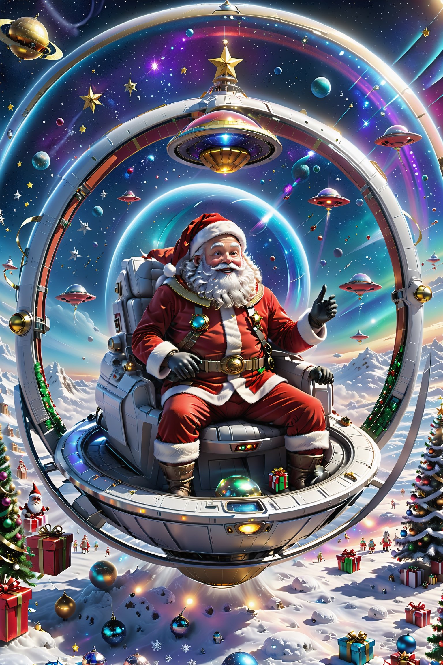 In this sci-fi and whimsical scene, Santa Claus rides a cool UFO, blending traditional Christmas imagery with futuristic technology to present a never-before-seen fantasy.

The bottom of the UFO may be adorned with colored lights that glow brightly, and the exterior of the UFO may be adorned with Christmas motifs, such as snowflakes and gift boxes, adding a festive touch to the spacecraft. Alternatively, the UFO is surrounded by a ring of sparkling Christmas ribbons, like a floating halo.

Santa Claus is dressed in a stylish spacesuit and wears a Christmas hat with a star design. He is sitting in the cockpit of the UFO, holding a gift bag that resembles a spaceship joystick in his hand, with a happy and excited expression, as if he is preparing to depart to deliver Christmas gifts to children all over the world.

All around may be a starry sky and nebulae in space, displaying a cosmic splendor. Or in the distance, there may be other vehicles, such as colorful gift ships or Christmas rockets, decorating the space stage.

The whole picture is full of technology and creativity, showing a humorous and wonderful imagination of Christmas in the future.