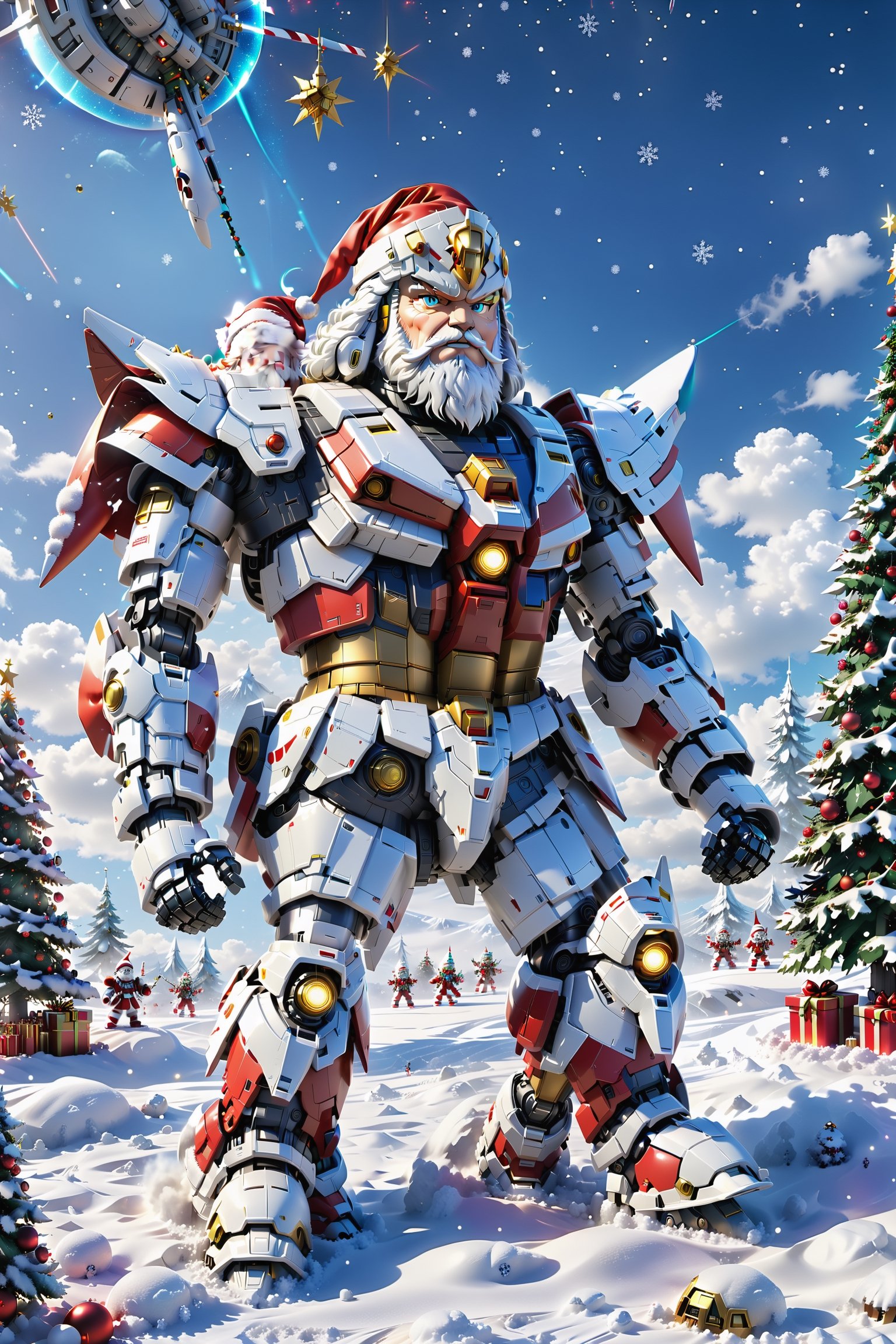 In this scene where futuristic technology meets Christmas tradition, Santa Claus sits in a huge Gundam mech, presenting a unique and stunning image.

The Gundam mech's exterior design is futuristic, with a body made of metal alloy and painted in bright Christmas red and snow white. The mech's limbs are dotted with colored lights, as if it were a walking Christmas tree. The head was uniquely shaped with a glowing Christmas hat, adding a festive atmosphere to the entire mech.

Santa Claus sat in the cockpit of the mech, the joystick and control panel covered with complicated buttons and screens, holding a glowing controller in his hand, seemingly infusing the Gundam mech with the magical power of Christmas. His expression was one of kindness and determination, as if he was sending holiday wishes to the world.

This Gundam mecha marched through the snow, leaving deep tracks. The surrounding snowflakes were squeezed into a flurry under the mech's huge feet, as if everywhere the mech drove through was transformed into a Christmas wonderland. The starry sky in the background adds a magnificent atmosphere to this scene full of technology and mystery. The whole picture shows the perfect combination of future technology and traditional festivals, letting people feel a unique Christmas adventure.
