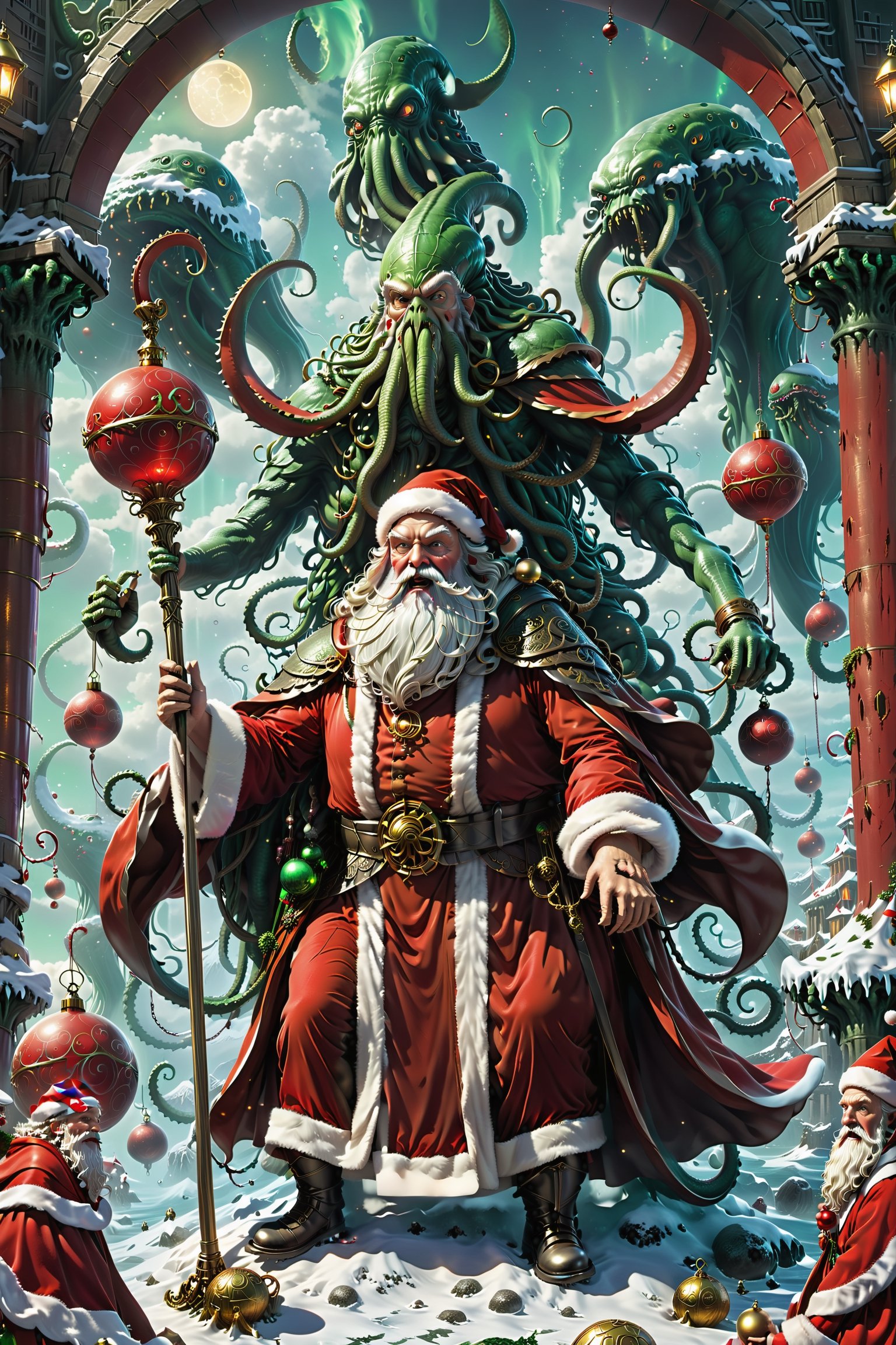 In this fantastical and macabre scene, Santa Claus appears in a new guise as he rides atop the massive and mysterious Cthulhu Behemoth, presenting an incredible fusion of otherworldly and traditional Christmas.

The Cthulhu Behemoth is tall and grim, with a body covered in ancient scales and a mysterious gleam in its eyes. The Behemoth's tentacles might as well be adorned with some Christmas hangings, giving the whole scene a mysterious sense of horror.

Santa Claus is dressed in a black and red Christmas robe, wearing a white Santa hat and holding a gilded whip in his hand, as if he is guiding the Cthulhu Behemoth forward. His eyes are both solemn and mysterious, and he seems to be conveying an unusual blessing.

Some strange light and shadow may pervade the surroundings, emphasizing the supernatural qualities of the scene. Perhaps there are also some magical circles or runes floating in the air, adding color to this whimsical image.

The whole image is full of imagination, and the combination of Santa Claus and the Cthulhu Behemoth presents a mysterious and scary fantasy atmosphere, giving an unforgettable visual impact.