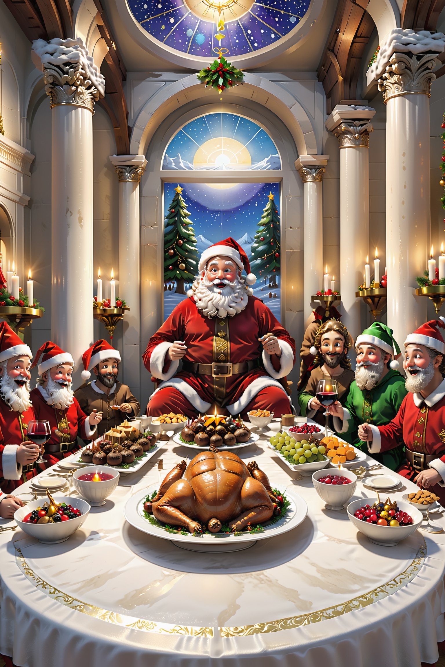 In this creative scene, Santa Claus appears as a modern Christmas legend in the famous artwork The Last Supper. The scene seems to have traveled back in time to put a new spin on this classic scene.

At the long dining table, Santa Claus sits in the place of Jesus Christ, surrounded by his twelve disciples, replacing the figures from the original painting with traditional Christmas decorations. The food on the table has also been transformed into Christmas specialties such as roast turkey, Christmas pudding and a variety of delicious treats.

Each of the disciples in the picture appears as a traditional Christmas character, which may be a reindeer, elf, snowman, and so on. They surround the table, displaying a solemn and cheerful atmosphere. The candelabra are lit with Christmas candles, adding color to the scene.

Santa Claus looks kind and holds a glass of wine in his hand as if he is saluting this special moment. His eyes sparkle with love and care, infusing the scene with a feeling of warmth.

The whole picture is a skillful fusion of culture and tradition, combining art classics with Christmas elements to create a scene that is both solemn and festive, bringing people a new artistic and cultural experience.