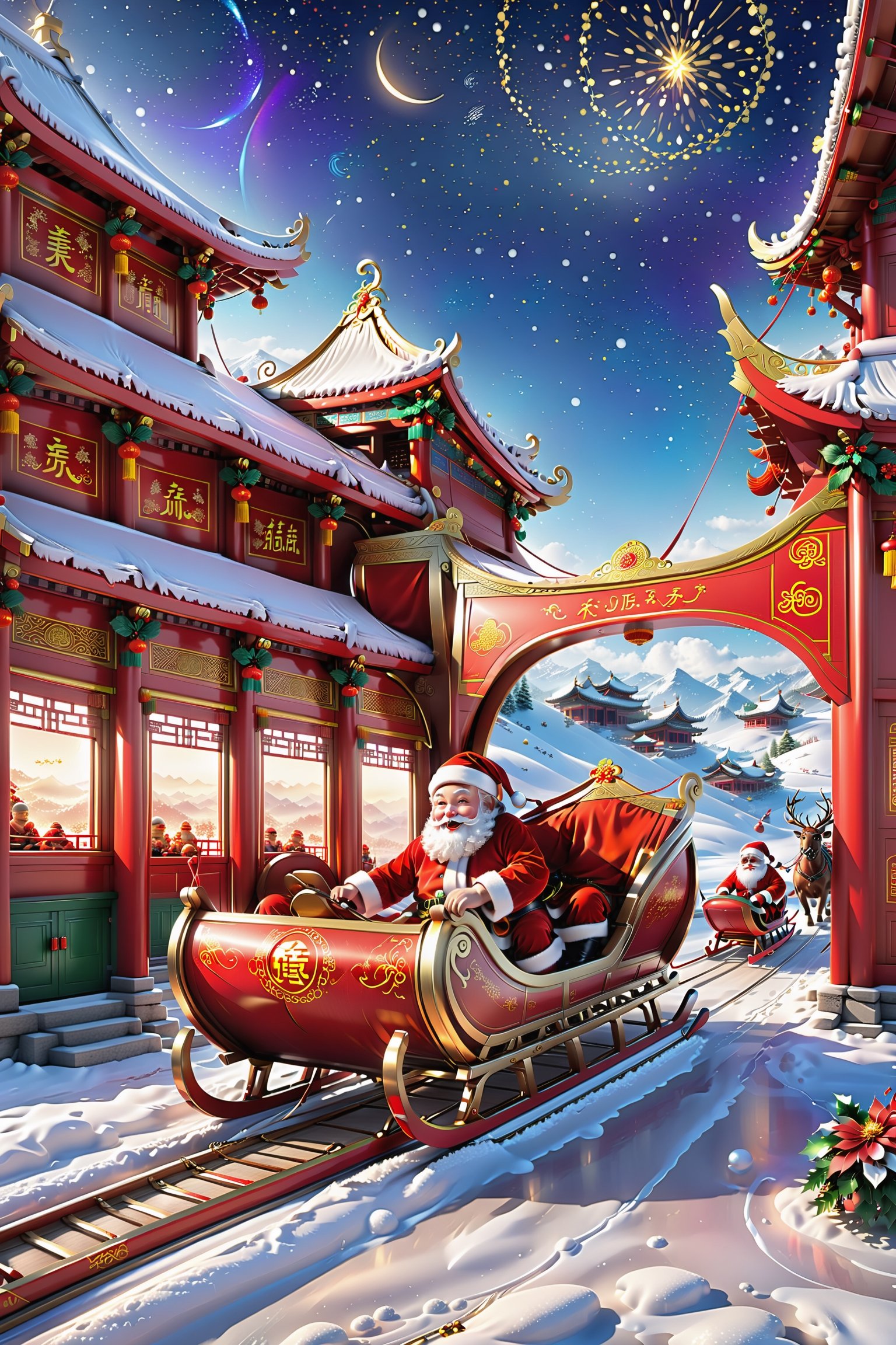 In this scene, {(((Santa Claus drives a Chinese-style sleigh car)))}, giving people a cozy feeling of blending tradition and modernity. The exterior design of the sleigh wagon incorporates Chinese elements, highlighting the unique charm of traditional Chinese culture.

The body of the sleigh car is in elegant red color, which is painted with delicate traditional Chinese patterns, such as flowers, birds, fishes and insects, as well as some words meaning good luck, such as fortune, longevity and happiness. The edges of the wheels may be decorated with traditional handicrafts such as Chinese knots, adding a strong traditional Chinese atmosphere to the whole sleigh.

The roof of the vehicle is adorned with colored lights, and these lights emit a warm glow that makes the sleigh look extra sparkling at night. Around the vehicle there are some small snowflakes, which fall on the sleigh like light silk, adding color to the whole picture.

In the driver's seat of the sleigh, Santa Claus is dressed in a traditional red Chinese robe, holding a steering stick decorated with red silk thread and golden jade. With a kind smile on his face, he seems to be the embodiment of a perfect combination of traditional culture and modern festivities, sailing towards every child expecting Christmas gifts. The whole scene presents a unique blend of classical Chinese beauty and Christmas harmony.
The body is adorned with LED lights that create a bright pattern that resembles a twinkling star. The wheels are adorned with glowing decorations, creating a fantastic atmosphere. The propulsion device at the bottom of the sled car is also a masterpiece of modern technology, probably some levitation technology or a magnetic suspension system, which makes the sled glide lightly over the snow as if it were free from any resistance.

At the front of the vehicle is a transparent cockpit, allowing one to see Santa Claus sitting in a comfortable driver's seat, with his hands on a futuristic steering wheel, controlling the direction of the sleigh. There may also be some high-tech displays in the cockpit showing navigation information, gift lists or a countdown to Christmas.

Throughout the scene, the sleigh car speeds through the silvered Christmas night, leaving a sparkling track of light, like a messenger from the future world descending on this peaceful holiday night.