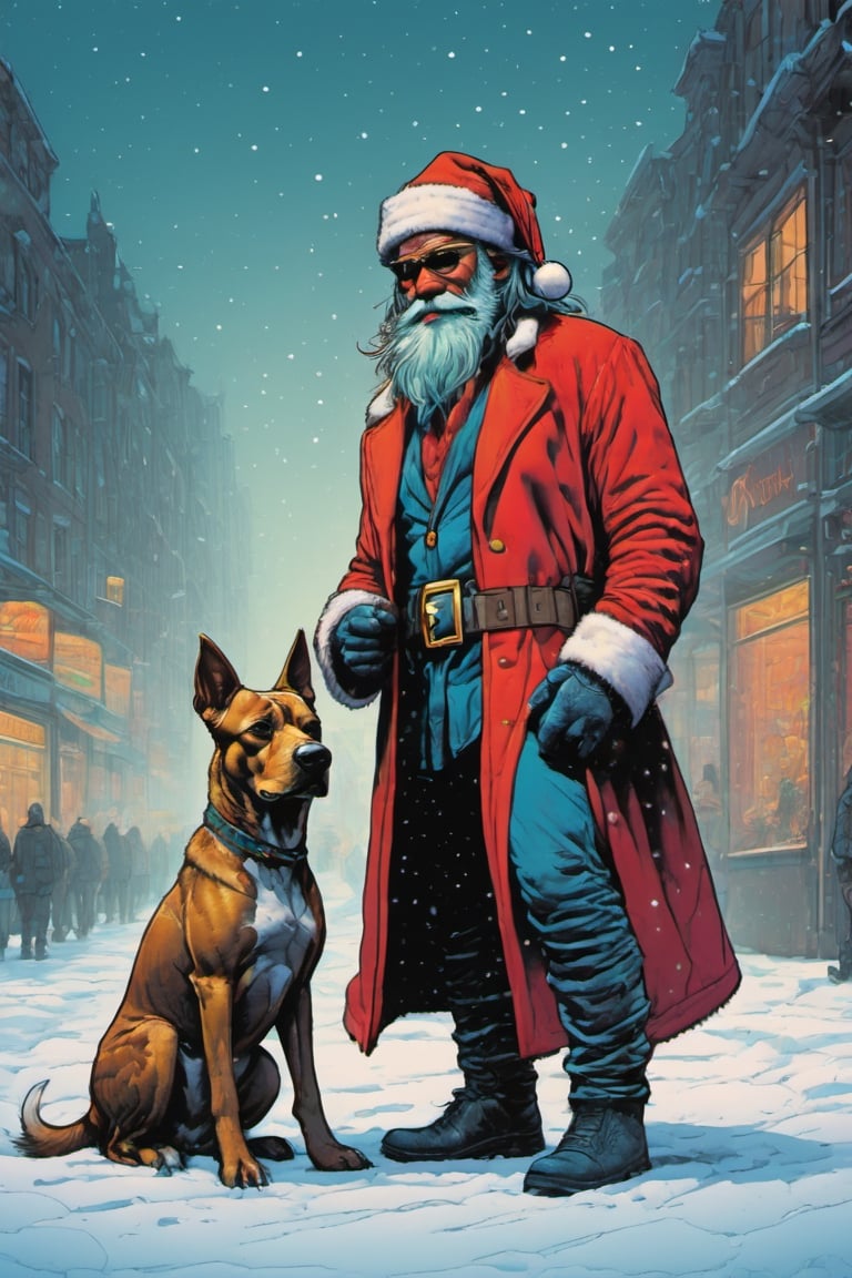 anthro (dog:1.1) Santa Claus (man:0.9) combo | wearing casual urban wear | urban setting | [no human skin:1.3], elegant, highly detailed, dramatic cinematic light, sharp focus, beautiful, divine holy, scenic, handsome, depicted, intricate, illuminated, professional, extremely, stunning, wonderful, attractive, best