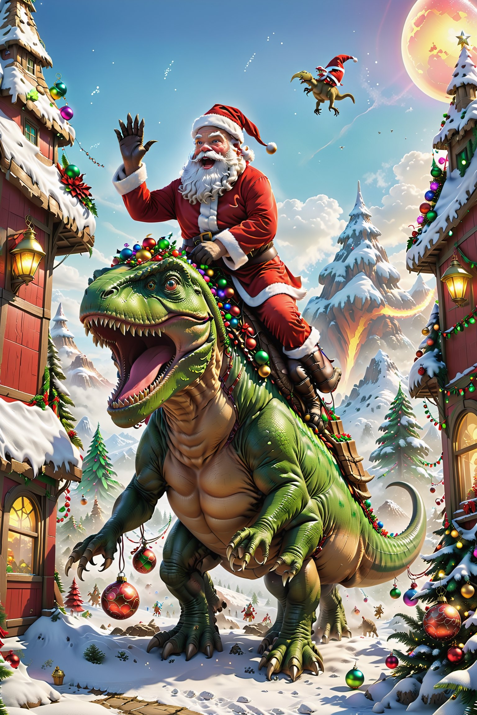 {(((Santa Claus)))} rides on the back of a Tyrannosaurus Rex in this amazing scene that combines traditional Christmas imagery with the Jurassic era to create a fantastical image.

The T. rex is tall and powerful, adorned with colorful Christmas lights and a string of Christmas balls hanging from its head. The T. rex may also have some Christmas hangings on his body, such as red ribbons or bells, adding a festive touch to this T. rex Christmas messenger.

Santa Claus is wearing a special Christmas vest and waving a Christmas decoration similar to a reindeer whip in his hand. His eyes reveal joy and excitement, as if he is delighting in this fantastical riding experience.

Surrounding him is an ancient and mysterious Jurassic era scene, with tall palm trees, strange vegetation, and dinosaurs running in the distance, building up the scene even more colorful.

The whole picture highlights the adventurous spirit of Santa Claus, freeing him from the busy work of gift preparation and traveling through time with the Tyrannosaurus Rex, bringing a whole new level of creativity and fun to this special Christmas season.