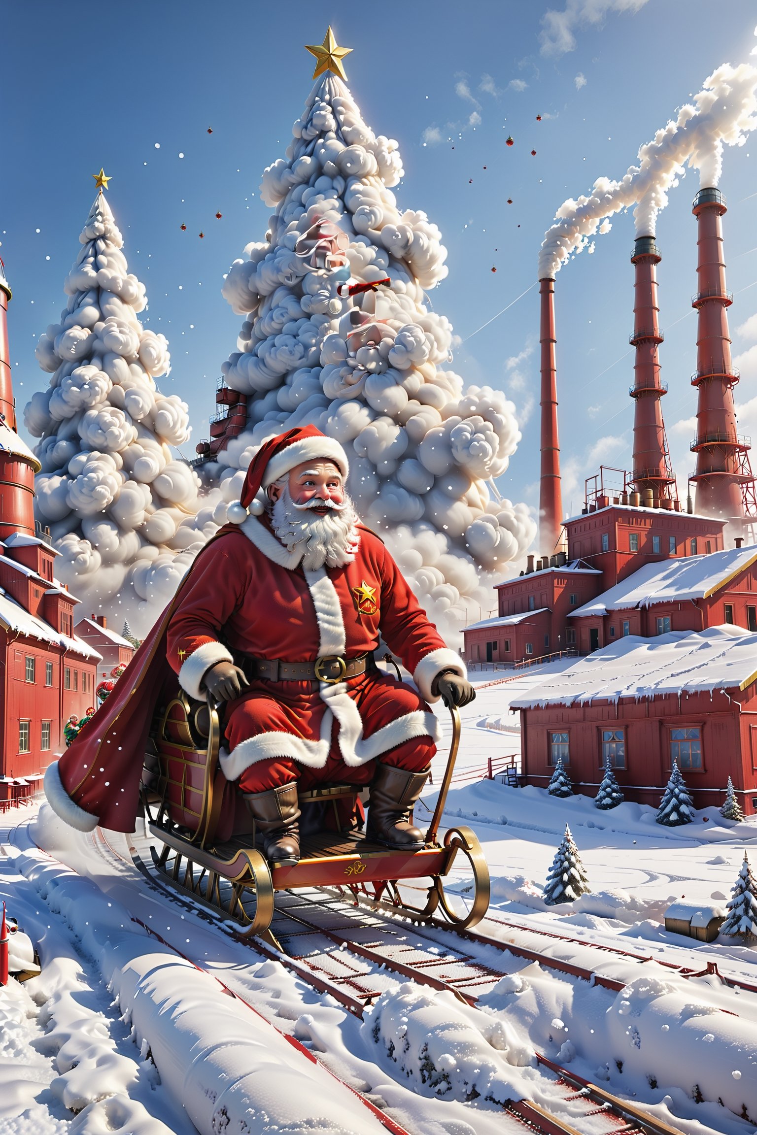 In this unique scene, Santa Claus is in a Soviet heavy industry setting and he is sledding across the industrial landscape, adding an exotic touch to this unique Christmas season.

In the background of the Soviet Heavy Industries area, towering factory chimneys emit white steam, while hot air and snowflakes intermingle. The buildings in the industrial area are covered in snow and ice, presenting a sense of the harshness and vicissitudes of a Soviet winter.

Santa Claus is dressed in thick red and white clothing, a woolen hat and cape, with the handle of his sleigh cart firmly in his hand. The sleigh may have been specially designed and decorated with traditional Soviet elements, such as the red star and the hammer and sickle, as well as some Christmas motifs, creating a unique mix of styles.

The sleigh glides on the thick snow, leaving a clear trail. Behind Santa Claus flies the Soviet flag, as if dancing in the cold wind. His expression is both solemn and full of joy, as if he has found a special Christmas joy in this cold environment.

The whole picture has the warmth of Christmas, but also incorporates the unique winter scene of the Soviet Union, showing a unique and cozy scene that combines tradition with the exotic.