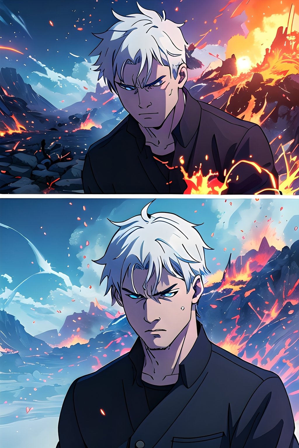 "Craft a highly detailed and emotionally charged depiction of Gojo Satoru in an epic fight, white short hair, with his intense blue eyes and white hair accentuated against a backdrop of roaring flames, drawing inspiration from the captivating style of Makoto Shinkai."