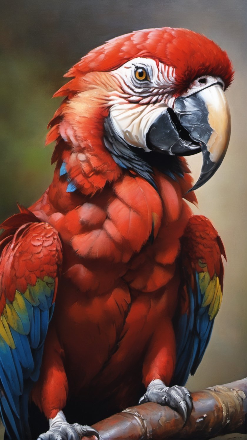 a large red macaw, an up close portrait shot, art by raymond ching ,more detail XL,artint,Leonardo Style