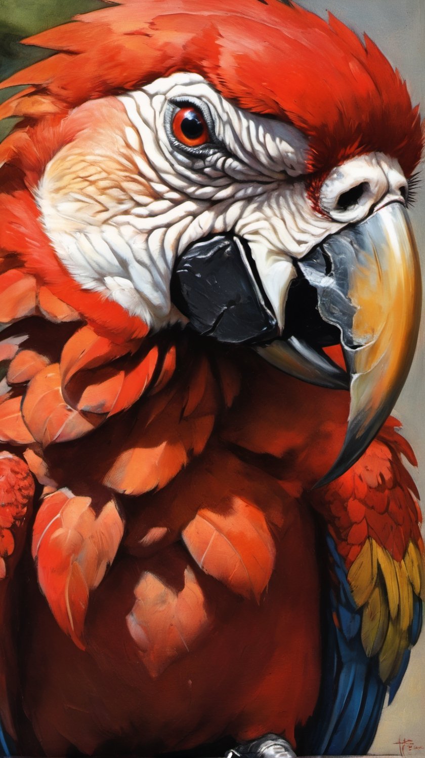 a large red macaw, an up close portrait shot, art by sargent, art by frazetta, fr4z3tt4 ,more detail XL,artint,Leonardo Style
