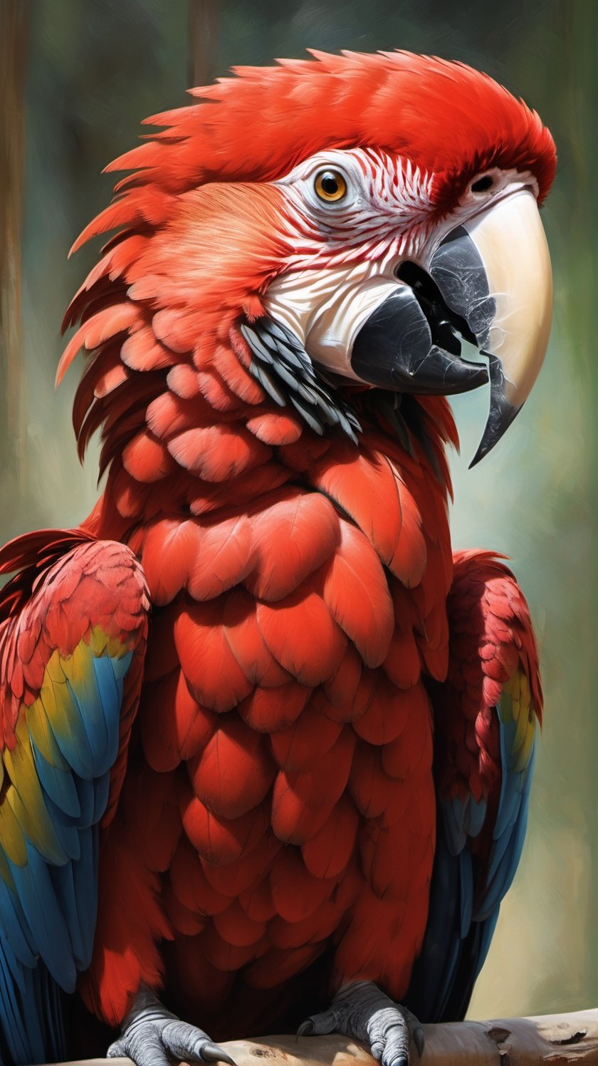 a large red macaw, an up close portrait shot, ((( art by raymond ching ))) ,more detail XL,artint,Leonardo Style,art by sargent,action shot