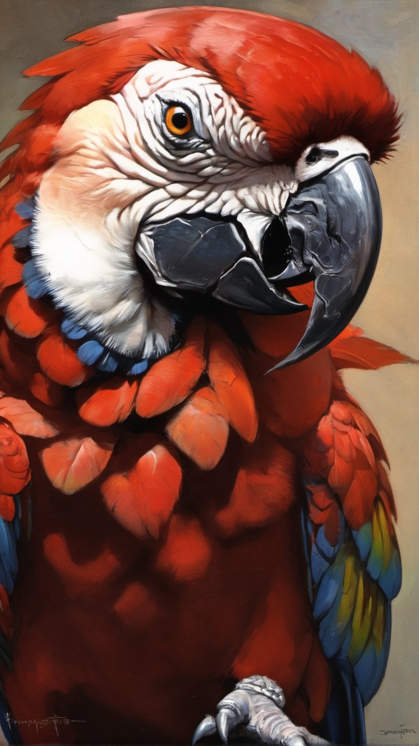 a large red macaw, an up close portrait shot, art by sargent, art by frazetta, fr4z3tt4 ,more detail XL,artint,Leonardo Style